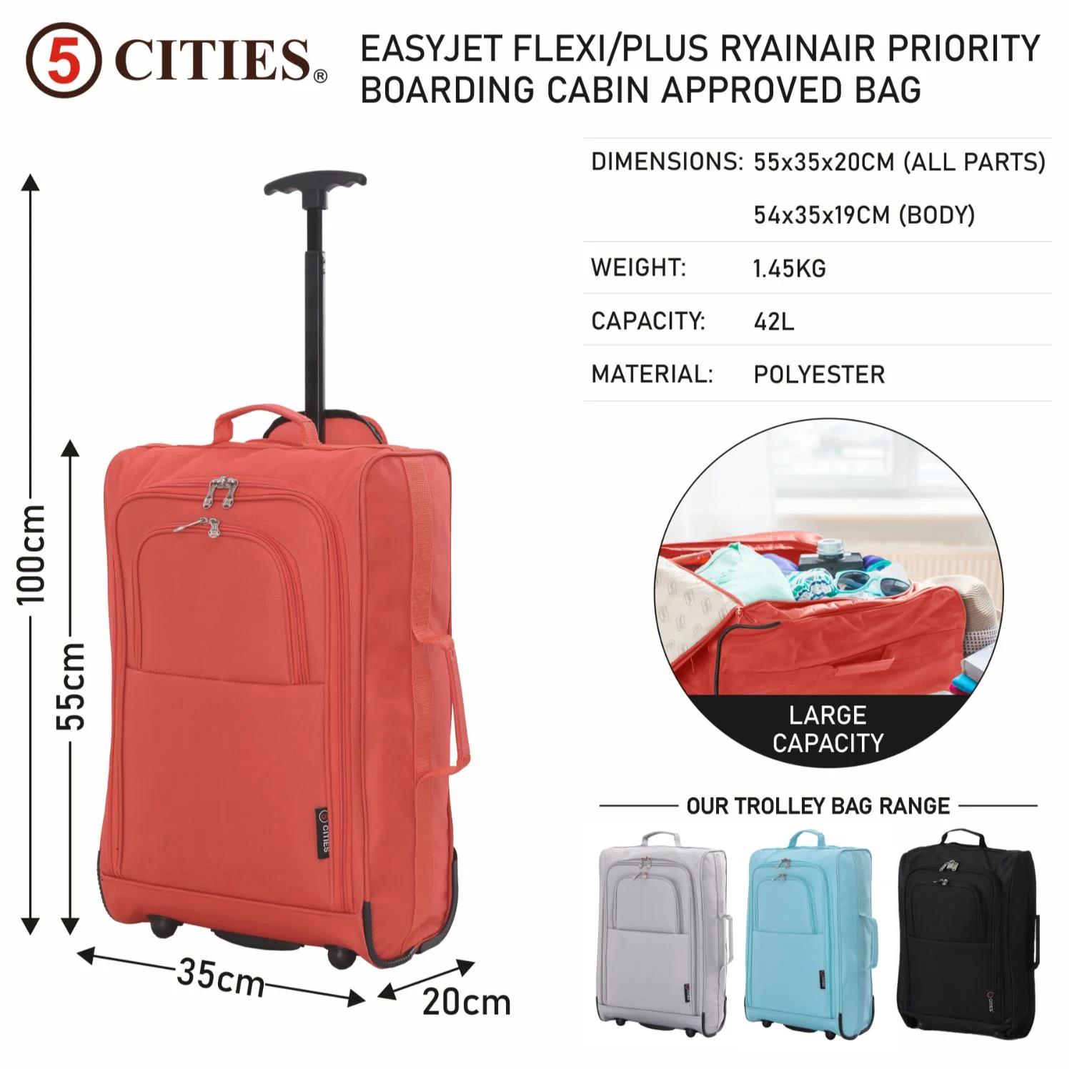 5 Cities Cabin Suitcase 55x40x20cm Ryanair Approved – Lightweight 42L Carry On Trolley Bag with Wheels (1.45kg), Airline Cabin Luggage for EasyJet, British Airways, Wizz Air, Jet2 & More - Image 14