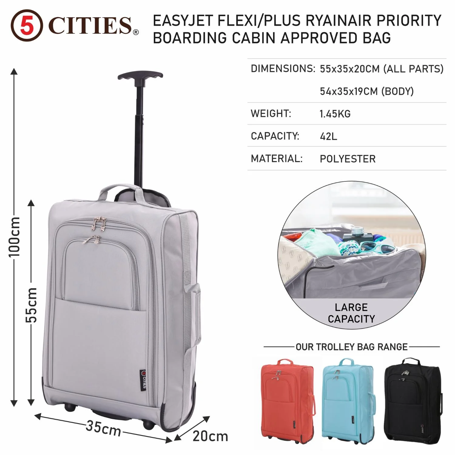 5 Cities Cabin Suitcase 55x40x20cm Ryanair Approved – Lightweight 42L Carry On Trolley Bag with Wheels (1.45kg), Airline Cabin Luggage for EasyJet, British Airways, Wizz Air, Jet2 & More - Image 22