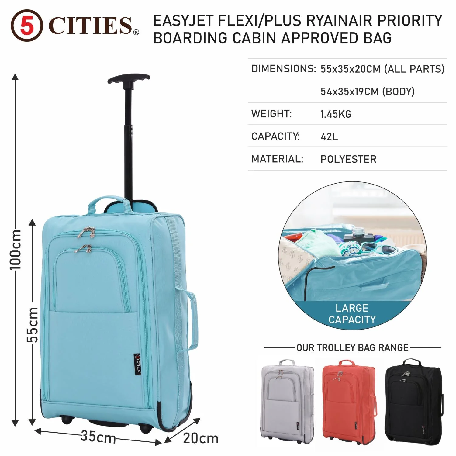 5 Cities Cabin Suitcase 55x40x20cm Ryanair Approved – Lightweight 42L Carry On Trolley Bag with Wheels (1.45kg), Airline Cabin Luggage for EasyJet, British Airways, Wizz Air, Jet2 & More - Image 29