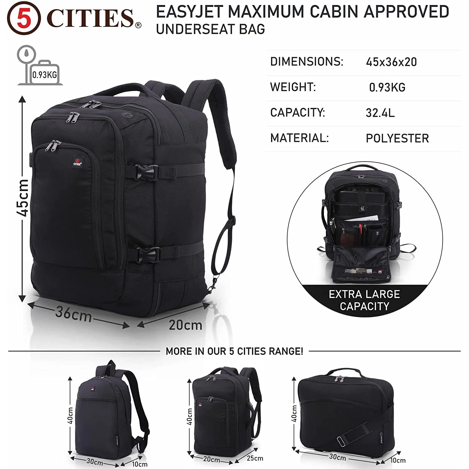 5 CITIES Easyjet Maximum Size (45x36x20cm) New and Improved 2025 Cabin Backpack Luggage Under Seat Flight Bag - Image 3
