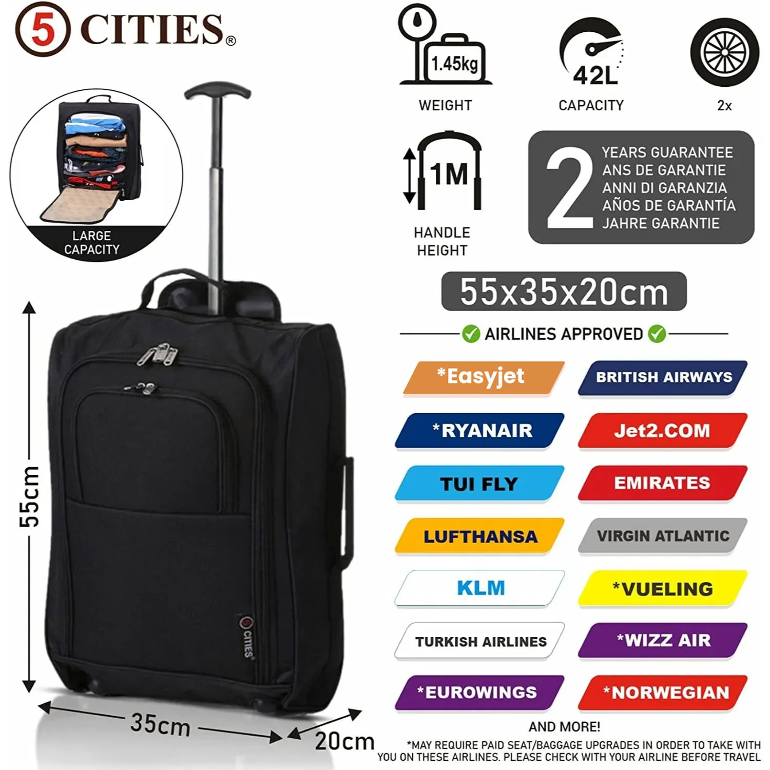5 Cities 21" (55x35x20cm) Lightweight Cabin Hand Luggage (x3 Set), Approved For Ryanair Priority, Easyjet Plus, BA - Image 11