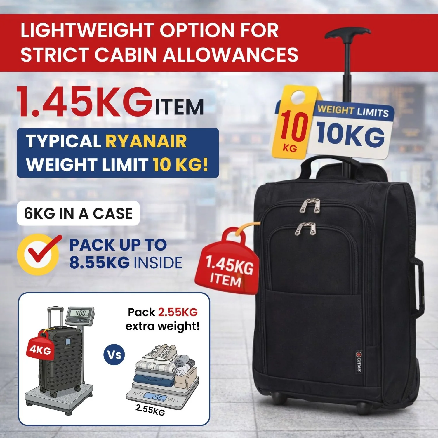 5 Cities Ryanair Luggage Bundle (55x35x20cm) Lightweight Cabin 2 Wheel Trolley and (40x20x25cm) Holdall Flight Bag, 2 Years Warranty - Image 4
