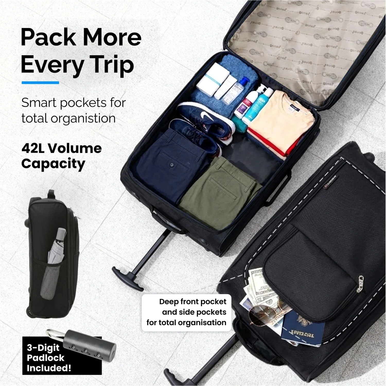5 Cities Ryanair Luggage Bundle (55x35x20cm) Lightweight Cabin 2 Wheel Trolley and (40x20x25cm) Holdall Flight Bag, 2 Years Warranty - Image 5