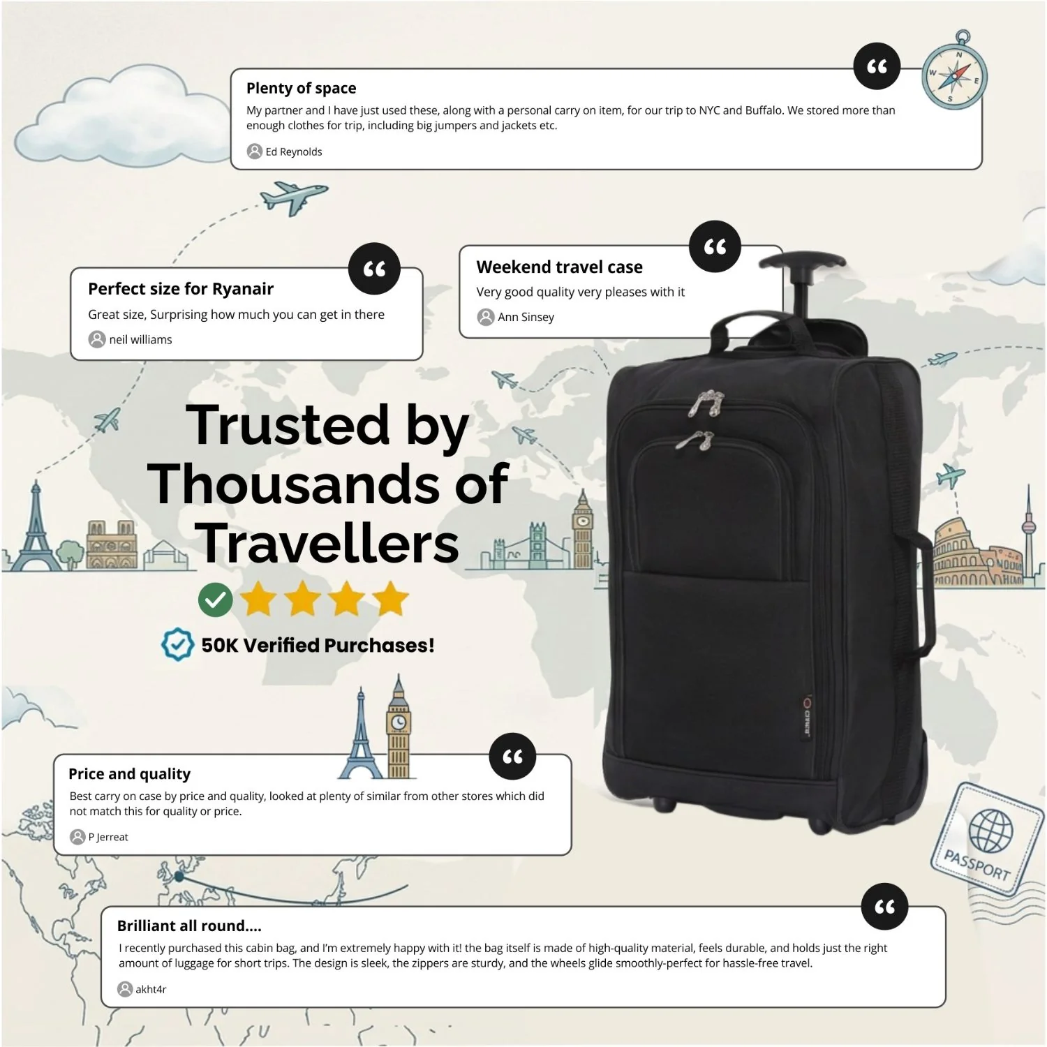5 Cities Ryanair Luggage Bundle (55x35x20cm) Lightweight Cabin 2 Wheel Trolley and (40x20x25cm) Holdall Flight Bag, 2 Years Warranty - Image 7