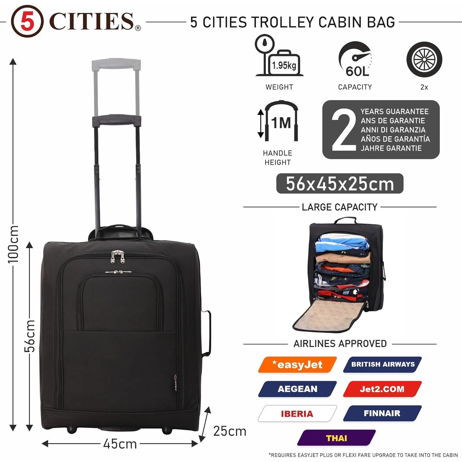 5 Cities British Airways Maximum Size Bundle, 56x45x25cm Large Cabin Softshell Suitcase & 40x30x15cm Under Seat Holdall - Image 3