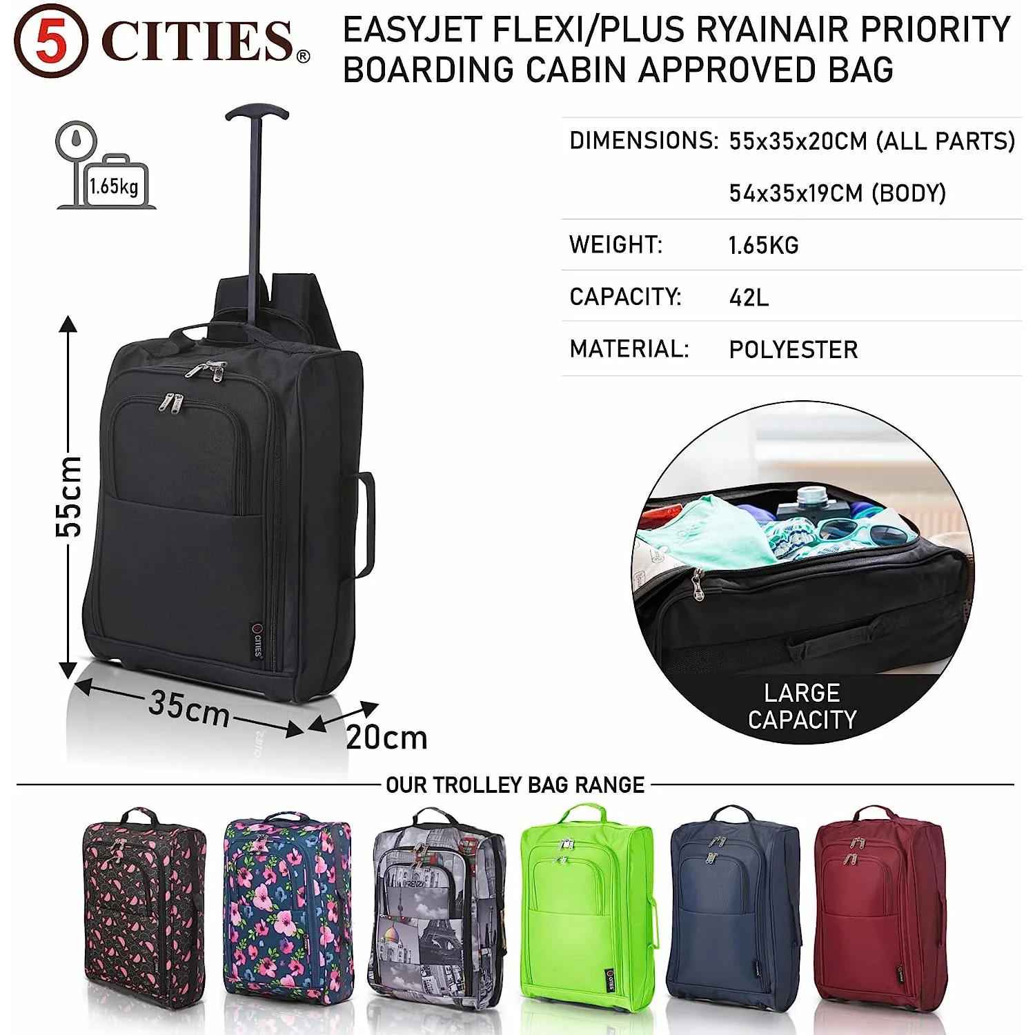 5 Cities (55x35x20cm) Lightweight Cabin Trolley + Backpack, Wheeled Backpack Wear or Carry, Fits Ryanair (Priority), easyJet (Plus/Flexi/Extra Legroom), 42L - Image 6
