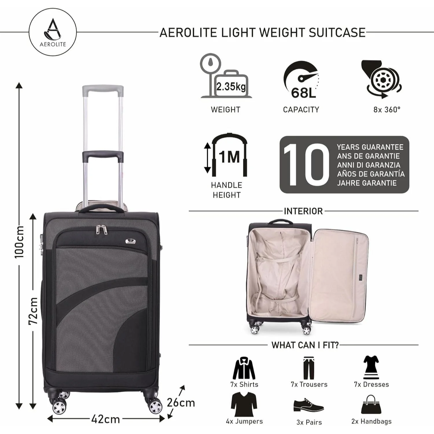 Aerolite 26" Super Lightweight Soft Shell Medium Checked In Hold Luggage Suitcase with 8 Wheels, 67L Capacity - Image 2