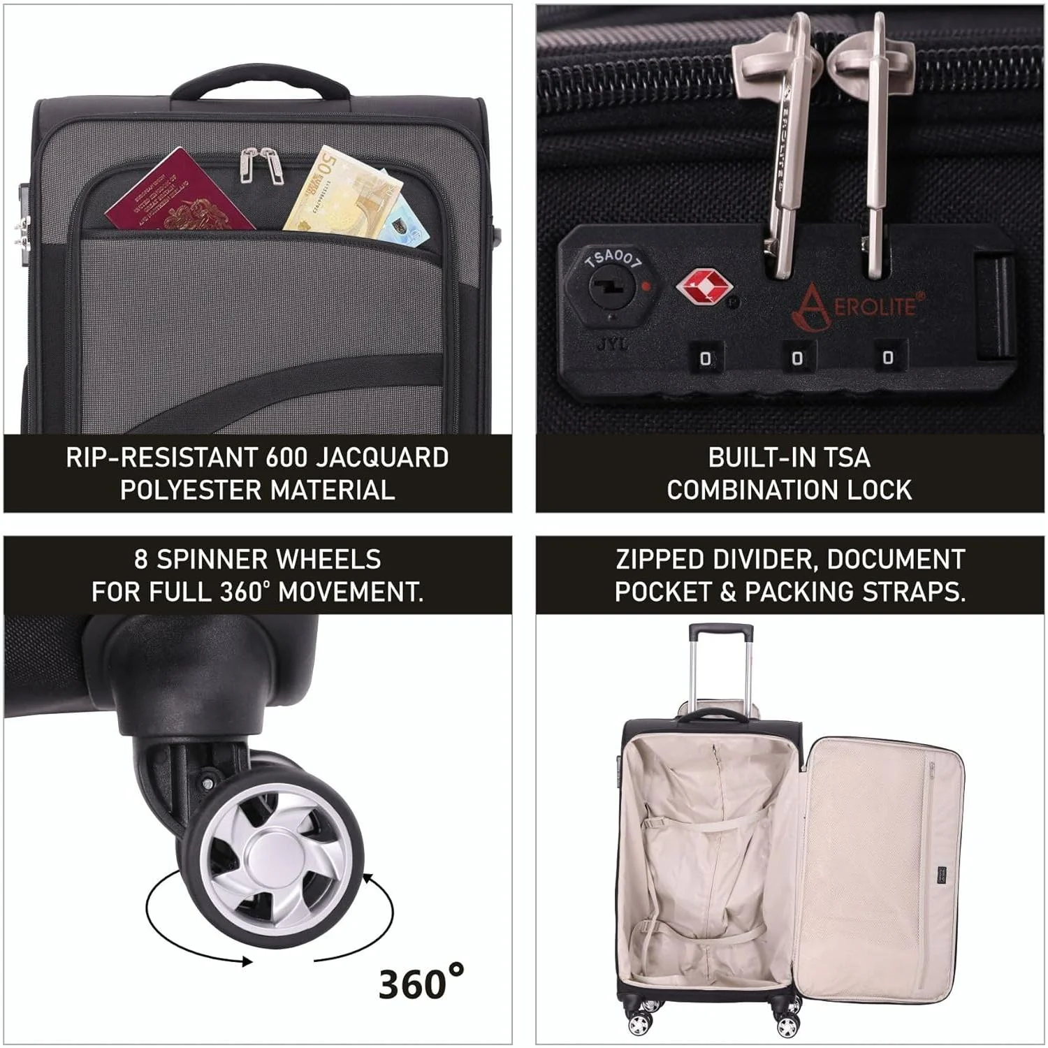 Aerolite 26" Super Lightweight Soft Shell Medium Checked In Hold Luggage Suitcase with 8 Wheels, 67L Capacity - Image 3