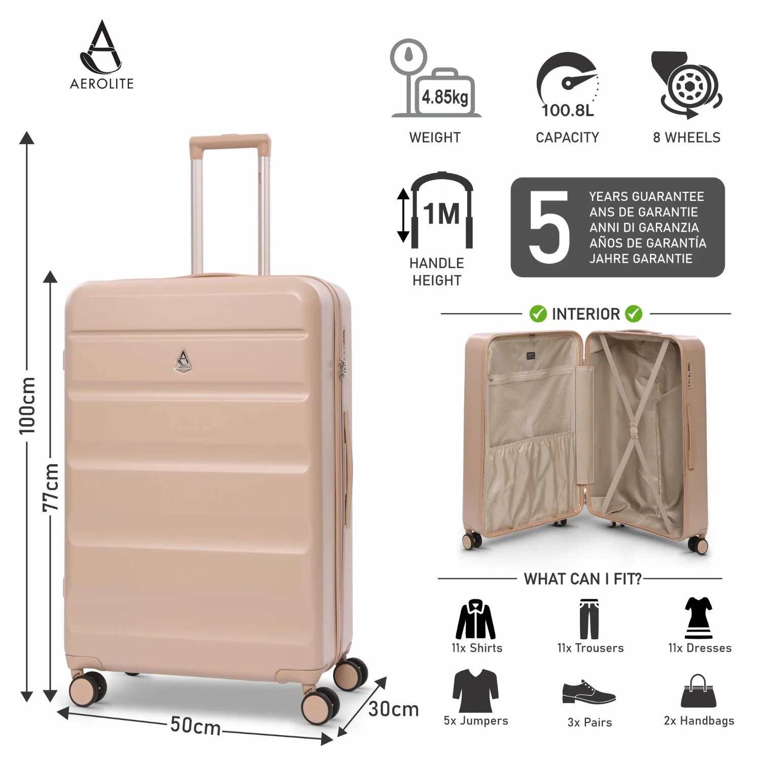 Aerolite 3-Piece Luggage Set – Lightweight Hard Shell Suitcases with 4 Dual Spinner Wheels & TSA Lock – Expandable Cabin (21”), Medium (24”), Large (28”) – Expandable Carry-On Case Included – Beige - Image 12