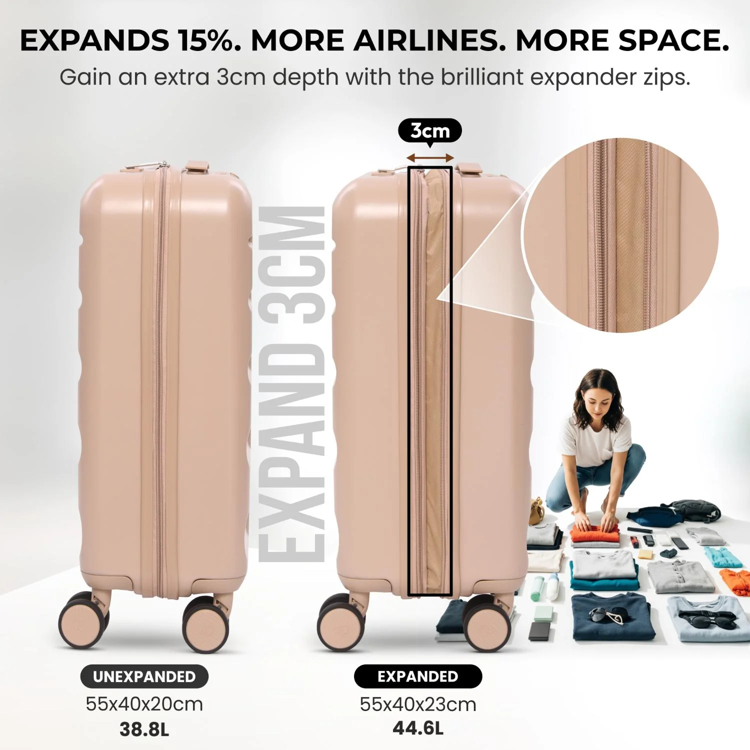 Aerolite 3-Piece Luggage Set – Lightweight Hard Shell Suitcases with 4 Dual Spinner Wheels & TSA Lock – Expandable Cabin (21”), Medium (24”), Large (28”) – Expandable Carry-On Case Included – Beige - Image 4