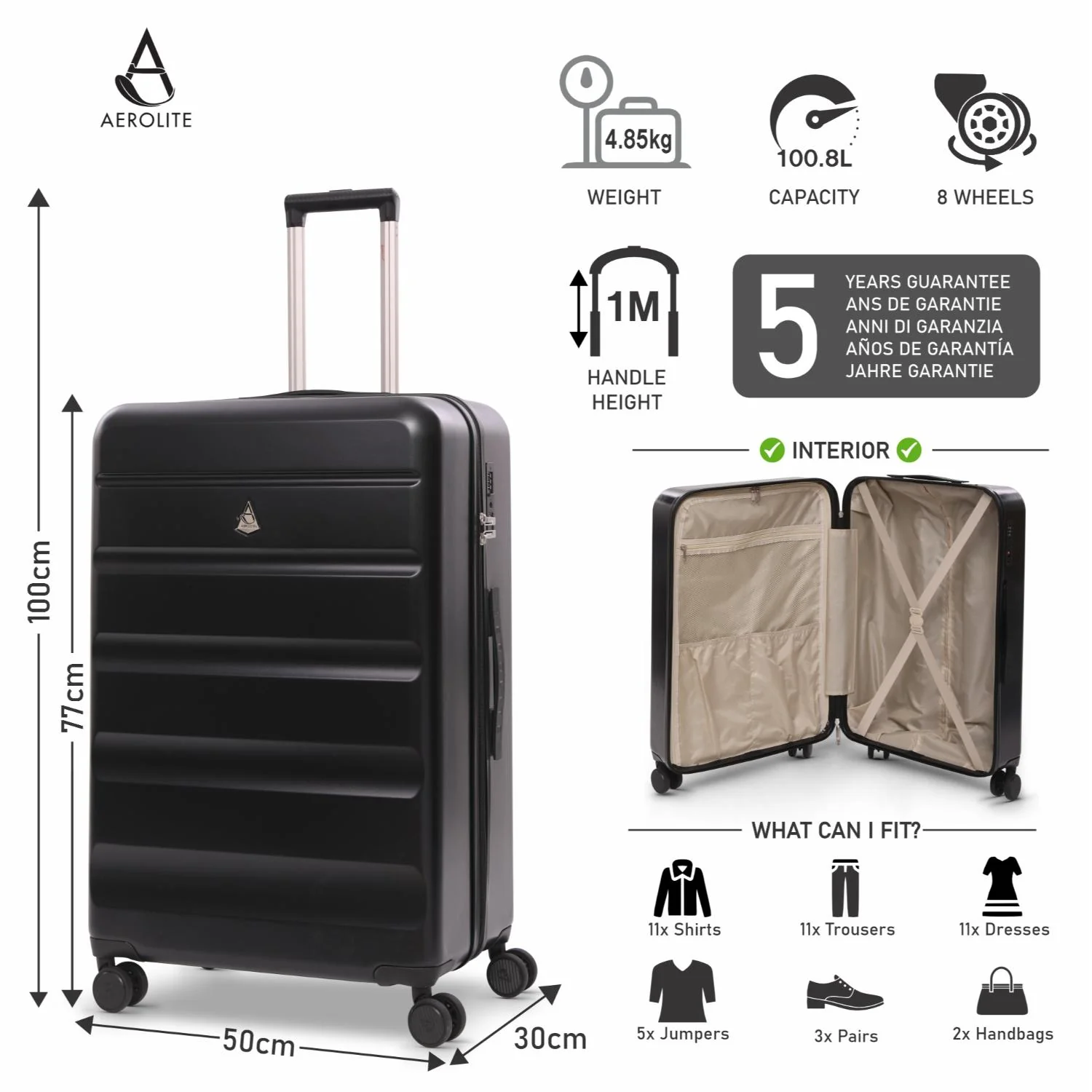 Aerolite 3-Piece Luggage Set – Lightweight Hard Shell Suitcases with 4 Dual Spinner Wheels & TSA Lock – Expandable Cabin (21”), Medium (24”), Large (28”) – Expandable Carry-On Case Included – Black - Image 10
