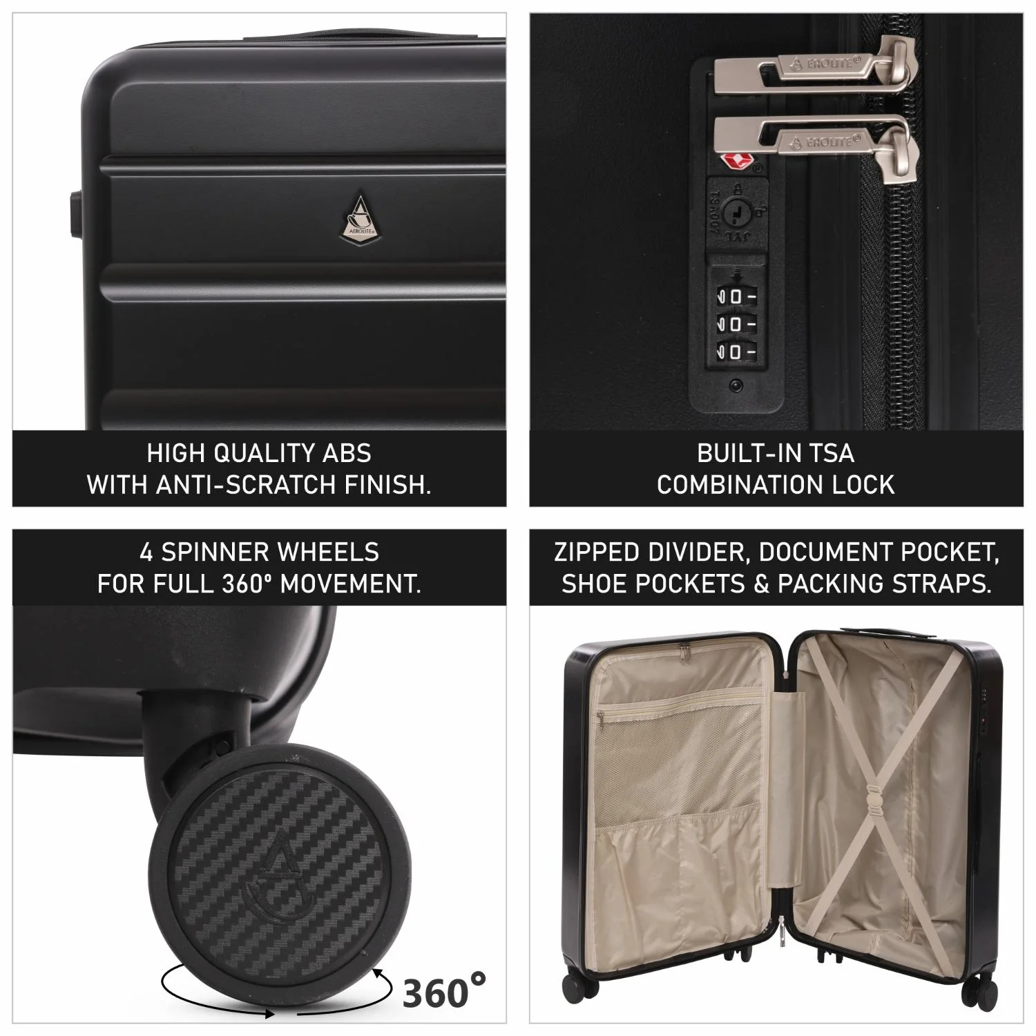 Aerolite 3-Piece Luggage Set – Lightweight Hard Shell Suitcases with 4 Dual Spinner Wheels & TSA Lock – Expandable Cabin (21”), Medium (24”), Large (28”) – Expandable Carry-On Case Included – Black - Image 11