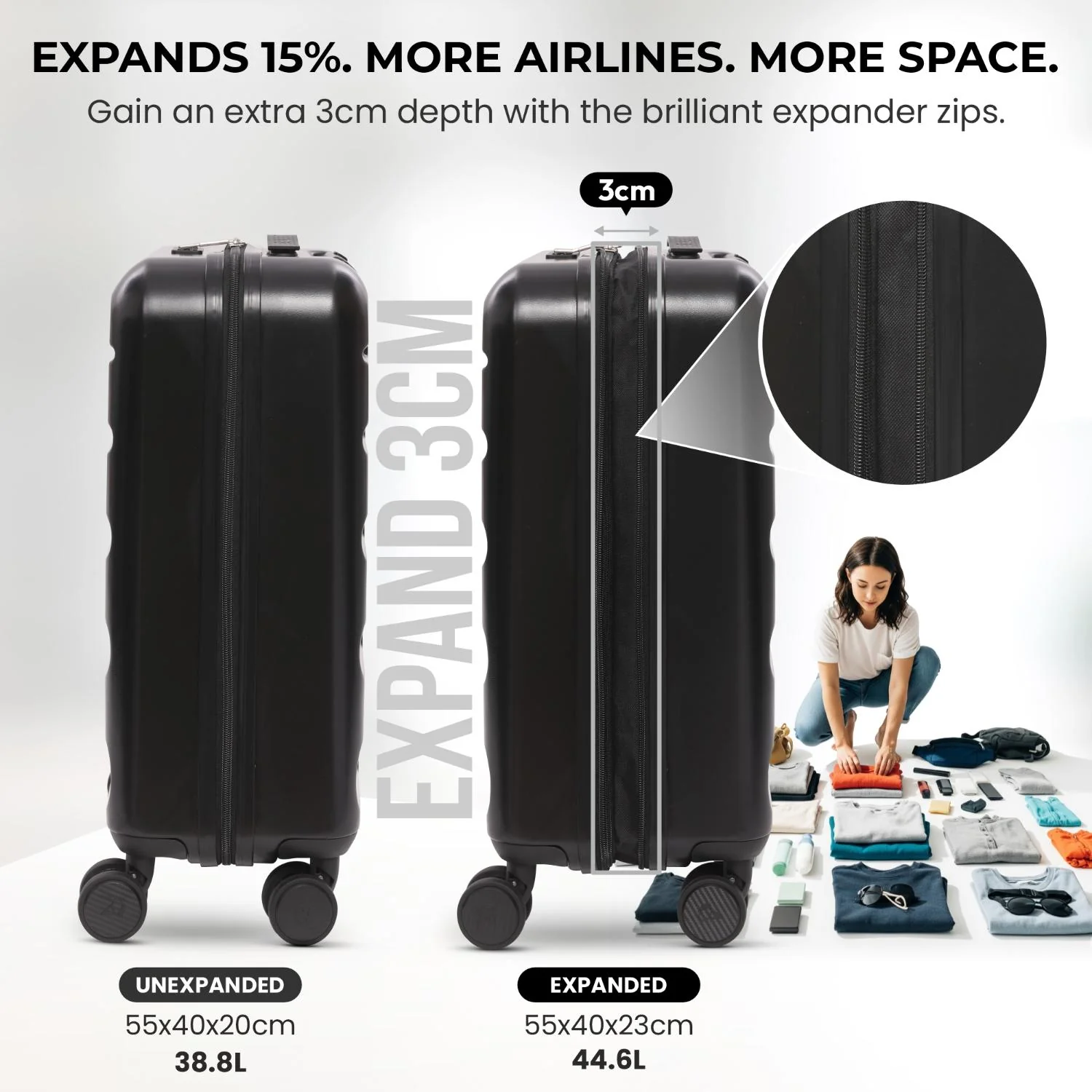 Aerolite 3-Piece Luggage Set – Lightweight Hard Shell Suitcases with 4 Dual Spinner Wheels & TSA Lock – Expandable Cabin (21”), Medium (24”), Large (28”) – Expandable Carry-On Case Included – Black - Image 4