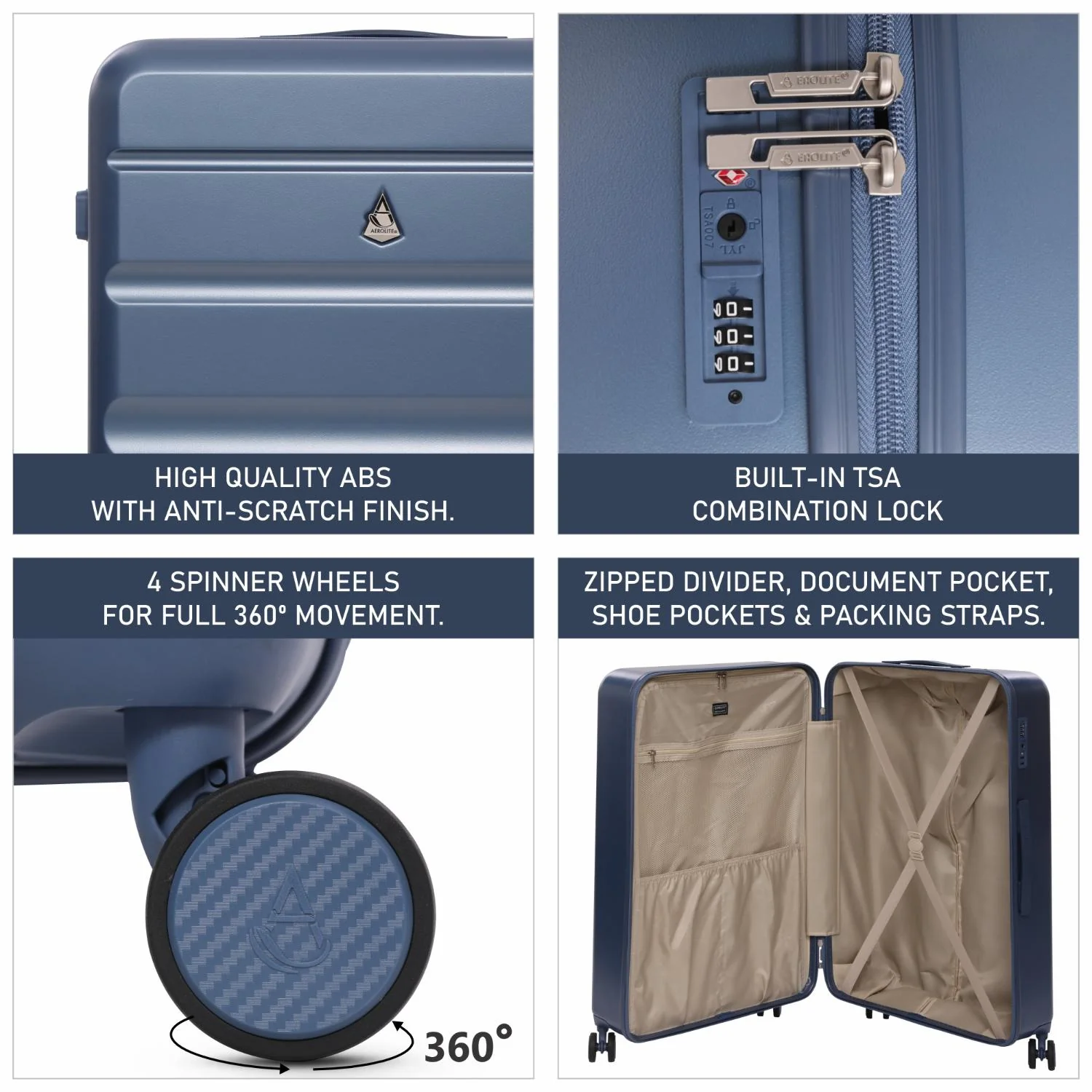 Aerolite 3-Piece Luggage Set – Lightweight Hard Shell Suitcases with 4 Dual Spinner Wheels & TSA Lock – Expandable Cabin (21”), Medium (24”), Large (28”) – Expandable Carry-On Case Included – Blue - Image 14