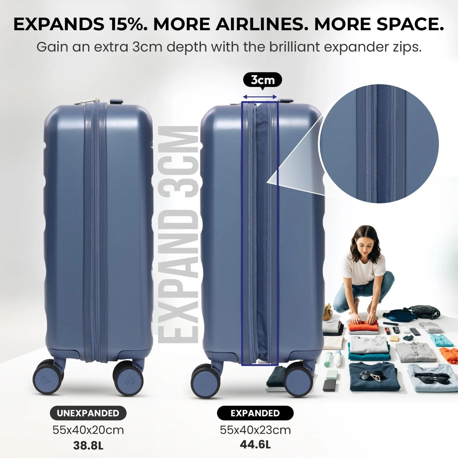 Aerolite 3-Piece Luggage Set – Lightweight Hard Shell Suitcases with 4 Dual Spinner Wheels & TSA Lock – Expandable Cabin (21”), Medium (24”), Large (28”) – Expandable Carry-On Case Included – Blue - Image 4