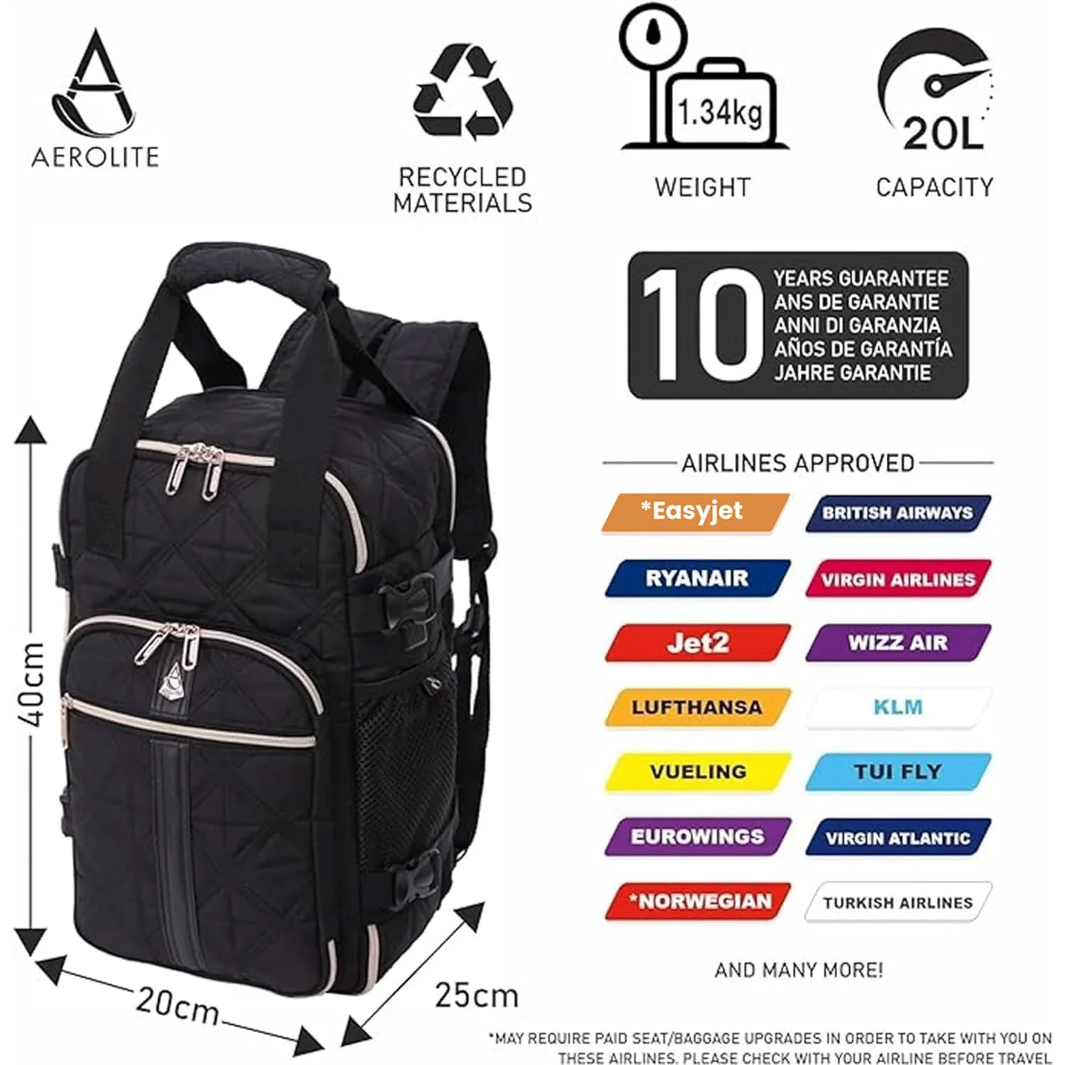 Aerolite 40x20x25 Ryanair Maximum Size Backpack Eco-Friendly Cabin Luggage Approved Travel Carry On Holdall Flight Rucksack with 10 Year Warranty (Quilted) - Image 3