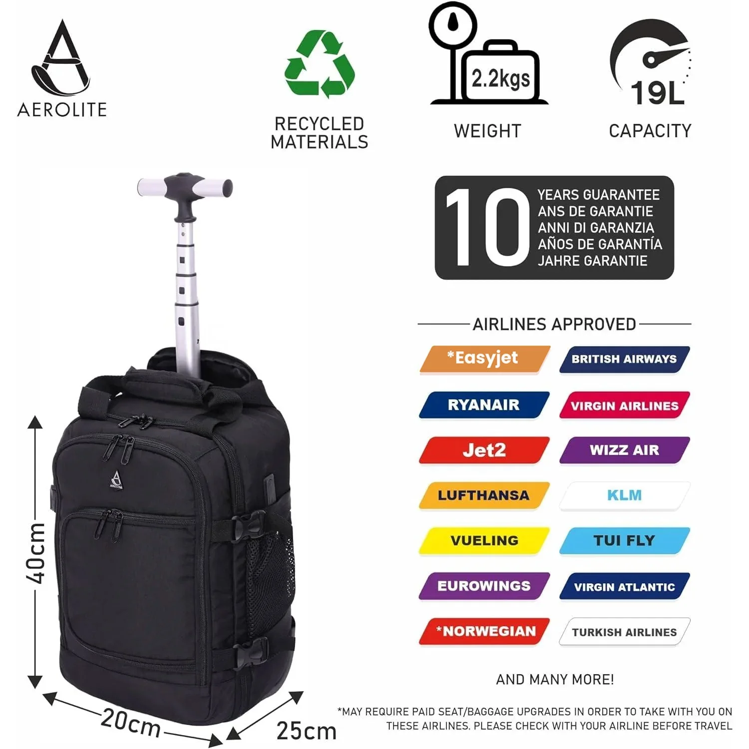 Aerolite 40x20x25 Ryanair Maximum Size Backpack Trolley Bag with 2 Wheels Eco-Friendly Cabin Luggage Approved Extendable Handle Travel Carry On Holdall Flight Rucksack with 10 Year Warranty - Image 3
