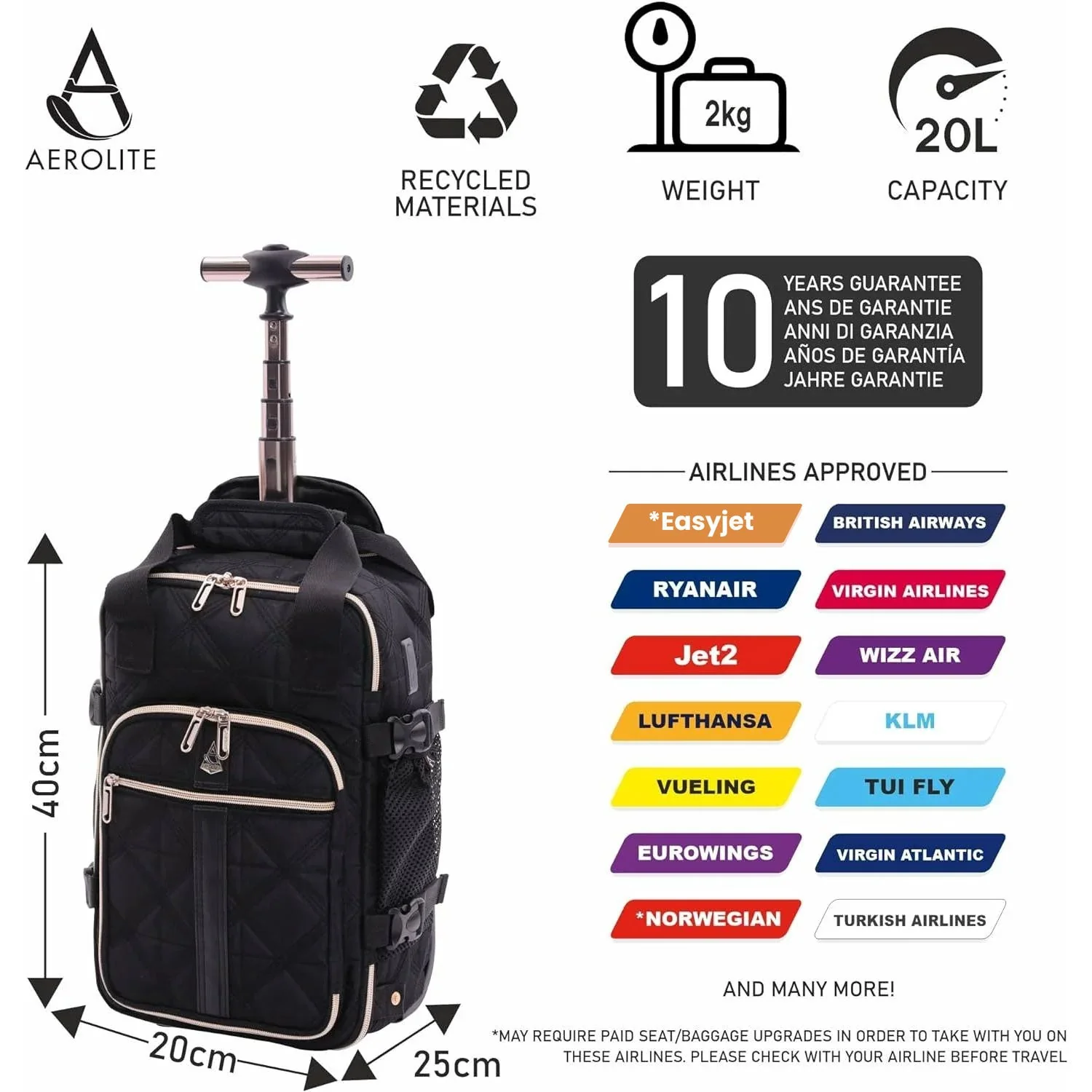 Aerolite Backpack Trolley Bag with 2 Wheels 40x20x25, Eco-Friendly Extendable Handle Travel Carry On Holdall Flight Rucksack with 10 Year Warranty (Quilted) - Image 3