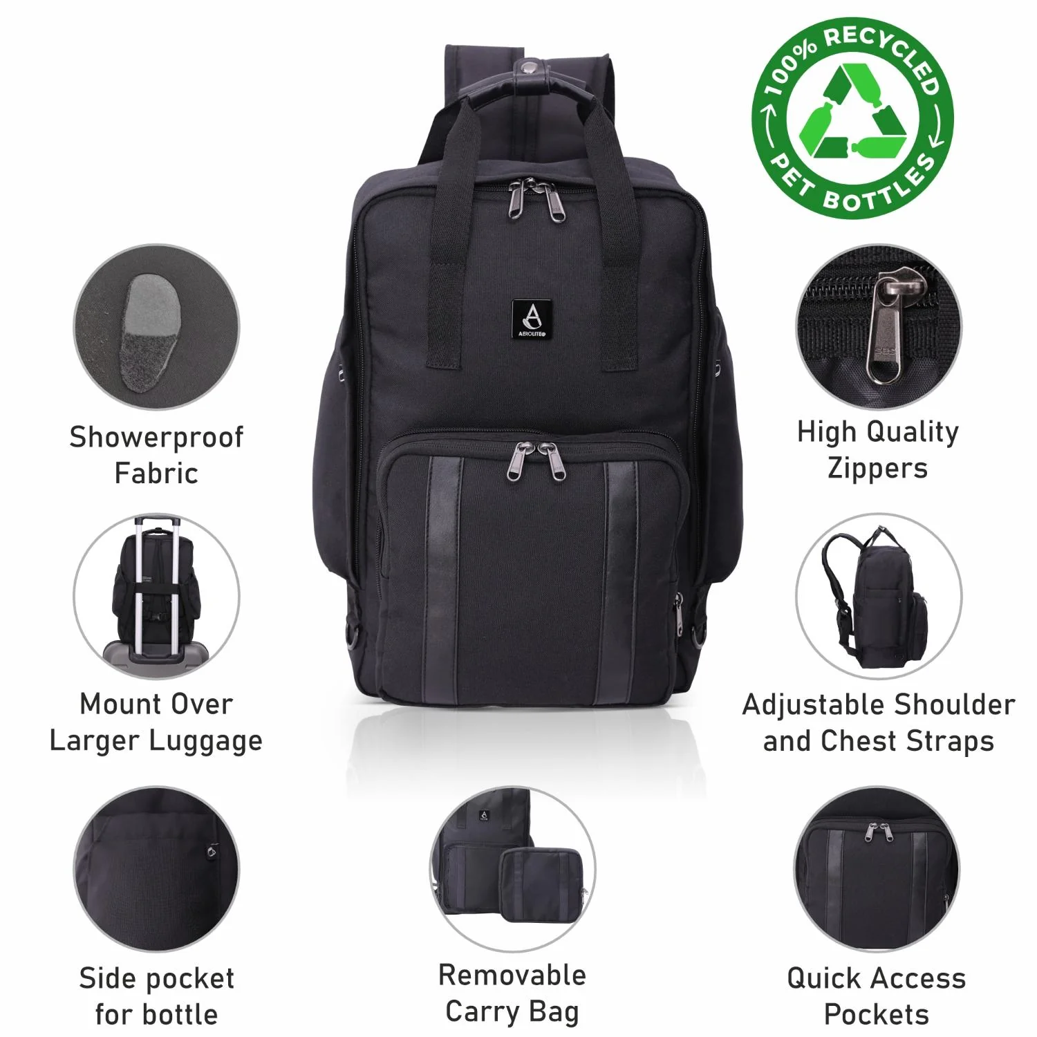 Aerolite 40x20x25cm Premium Ryanair Maximum Size Backpack With Removable Small Carry Pouch Eco-Friendly Shower-Resistant Cabin Luggage Approved Travel Carry On Holdall Flight Rucksack with 10 Year Warranty - Image 16