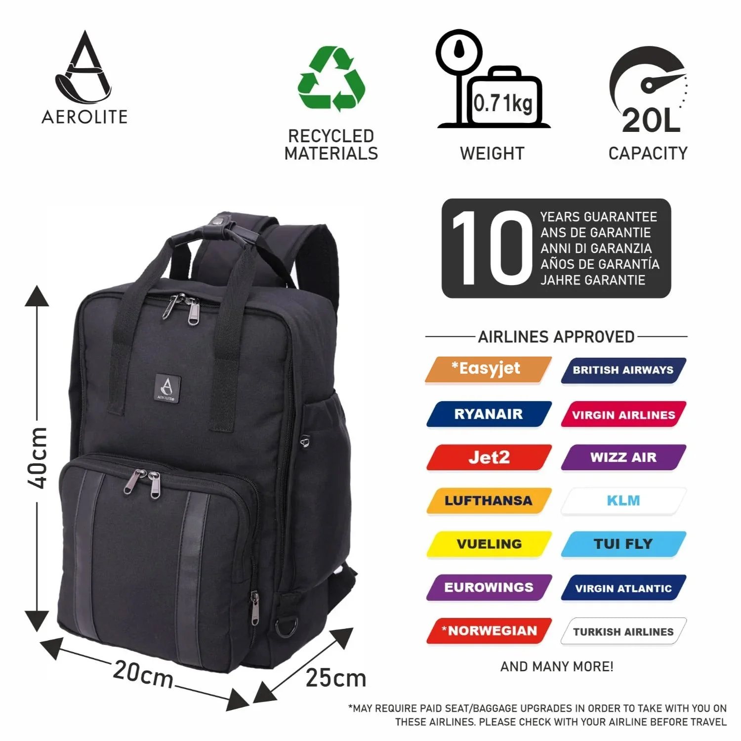 Aerolite 40x20x25cm Premium Ryanair Maximum Size Backpack With Removable Small Carry Pouch Eco-Friendly Shower-Resistant Cabin Luggage Approved Travel Carry On Holdall Flight Rucksack with 10 Year Warranty - Image 4