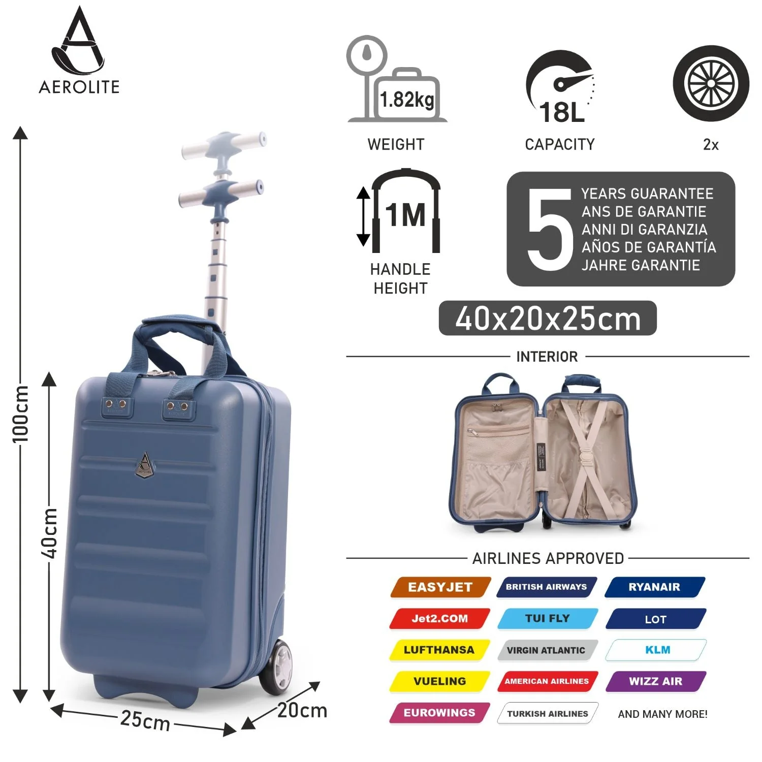 Aerolite Lightweight 2-Wheel Hard Shell Underseat Trolley with TSA Lock - Eco-Friendly Interior - Ryanair Approved - Blue - Image 3