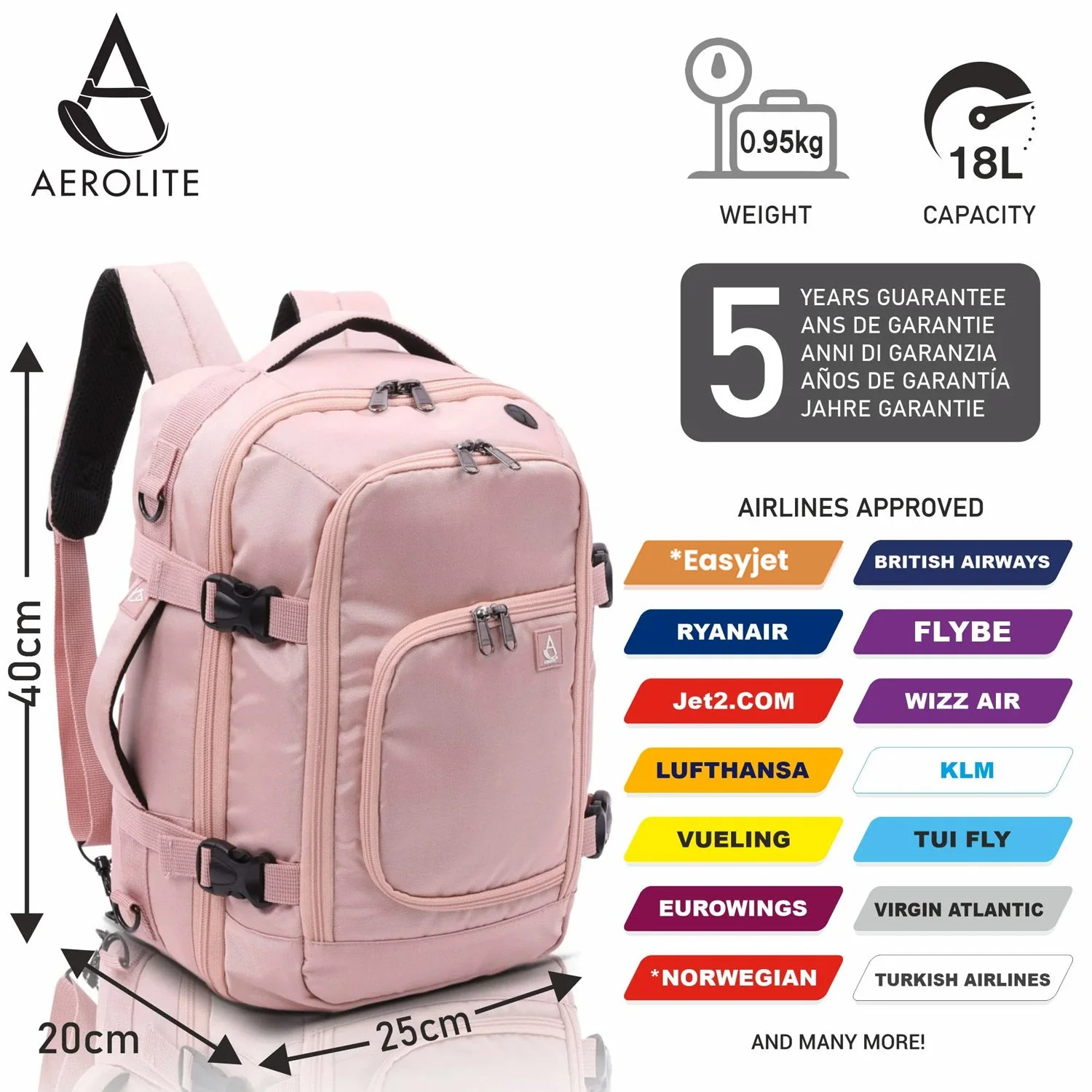 Aerolite (40x25x20cm) Ryanair Maximum Size 3 in 1 Cabin Luggage Approved Flight Backpack - Image 13