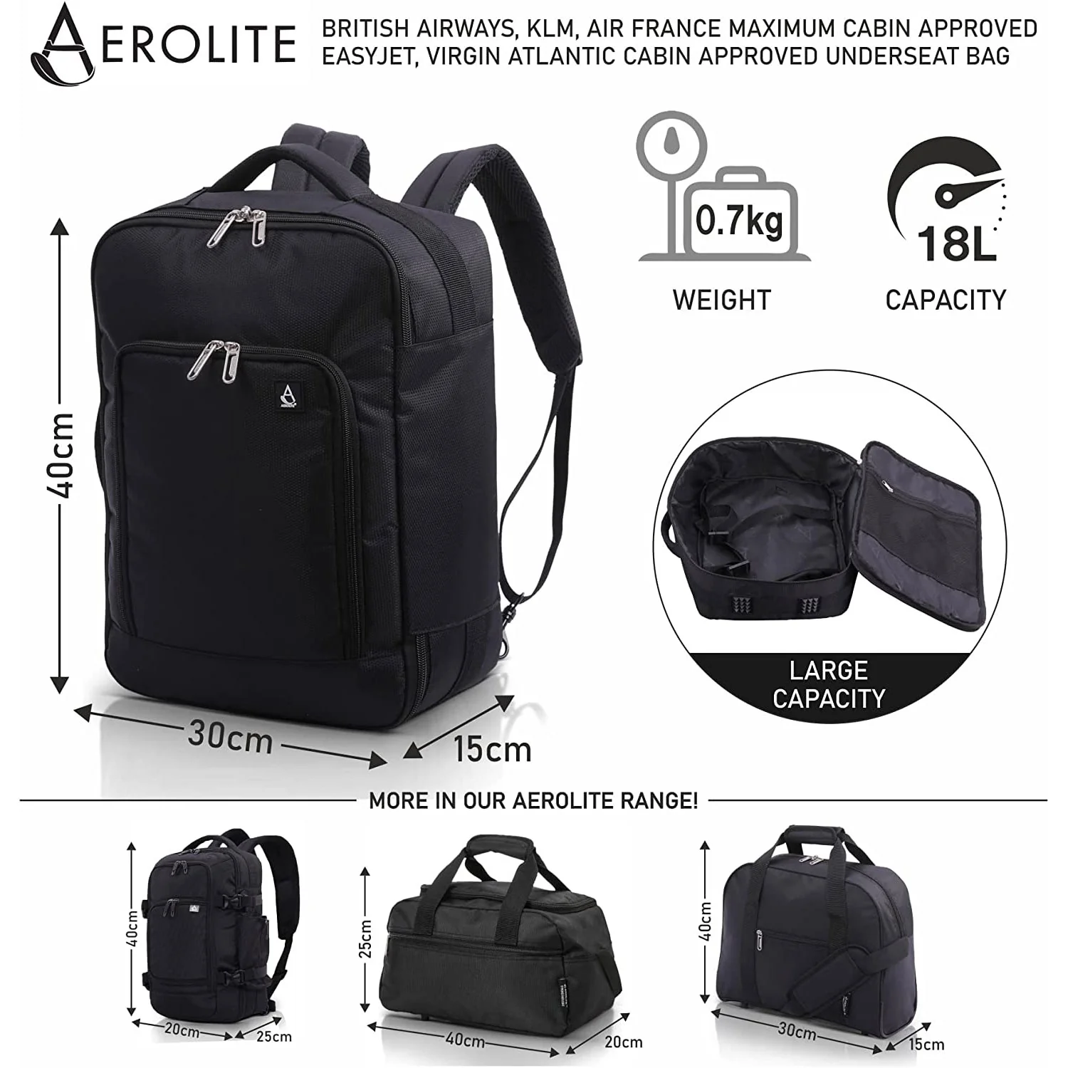 AEROLITE (40x30x15cm) New and Improved 2025 British Airways, KLM & Air France  Maximum Size Cabin Underseat Backpack Rucksack, Also Approved For Easyjet, Wizz Air, Virgin Atlantic, Black - Image 3