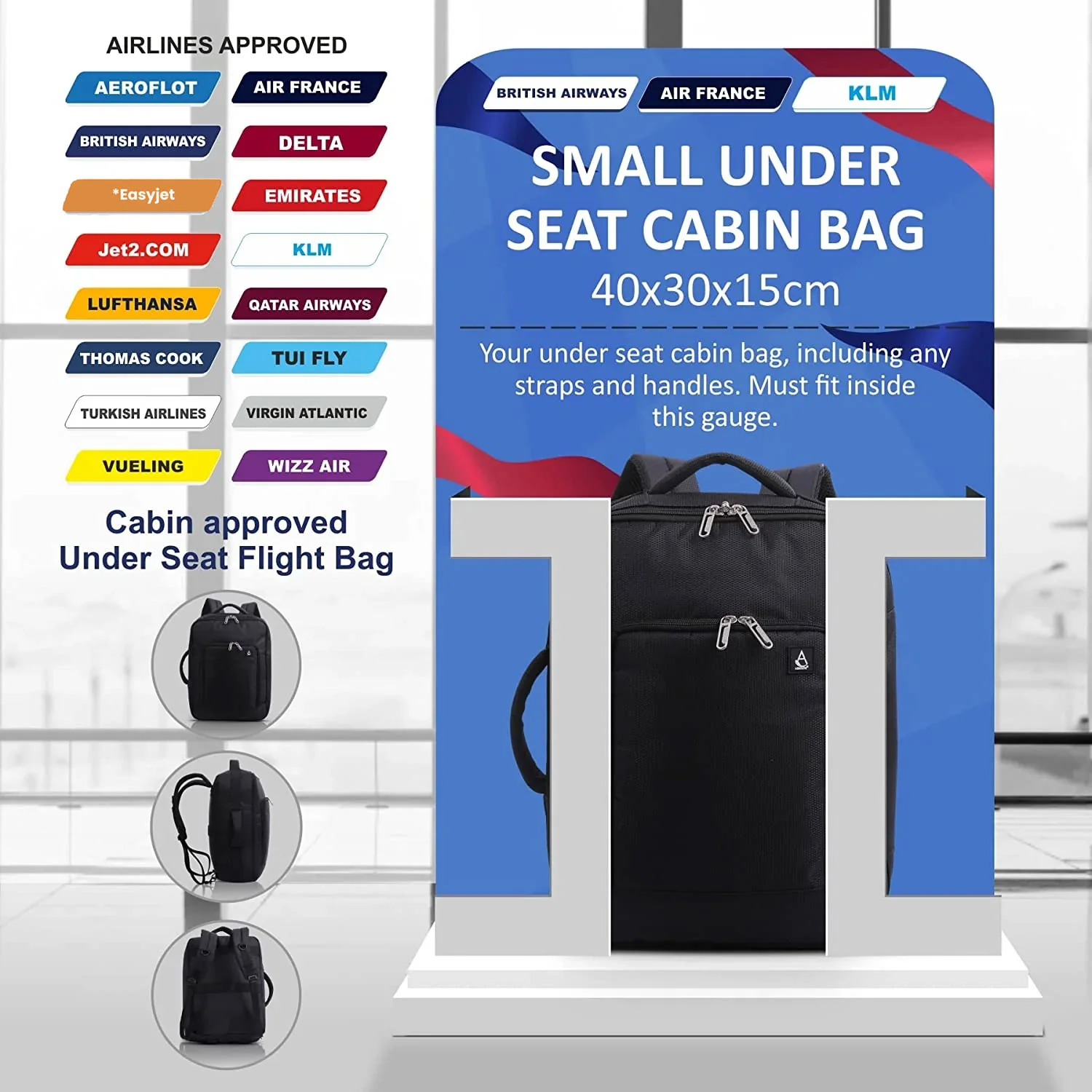 AEROLITE (40x30x15cm) New and Improved 2025 British Airways, KLM & Air France  Maximum Size Cabin Underseat Backpack Rucksack, Also Approved For Easyjet, Wizz Air, Virgin Atlantic, Black - Image 4