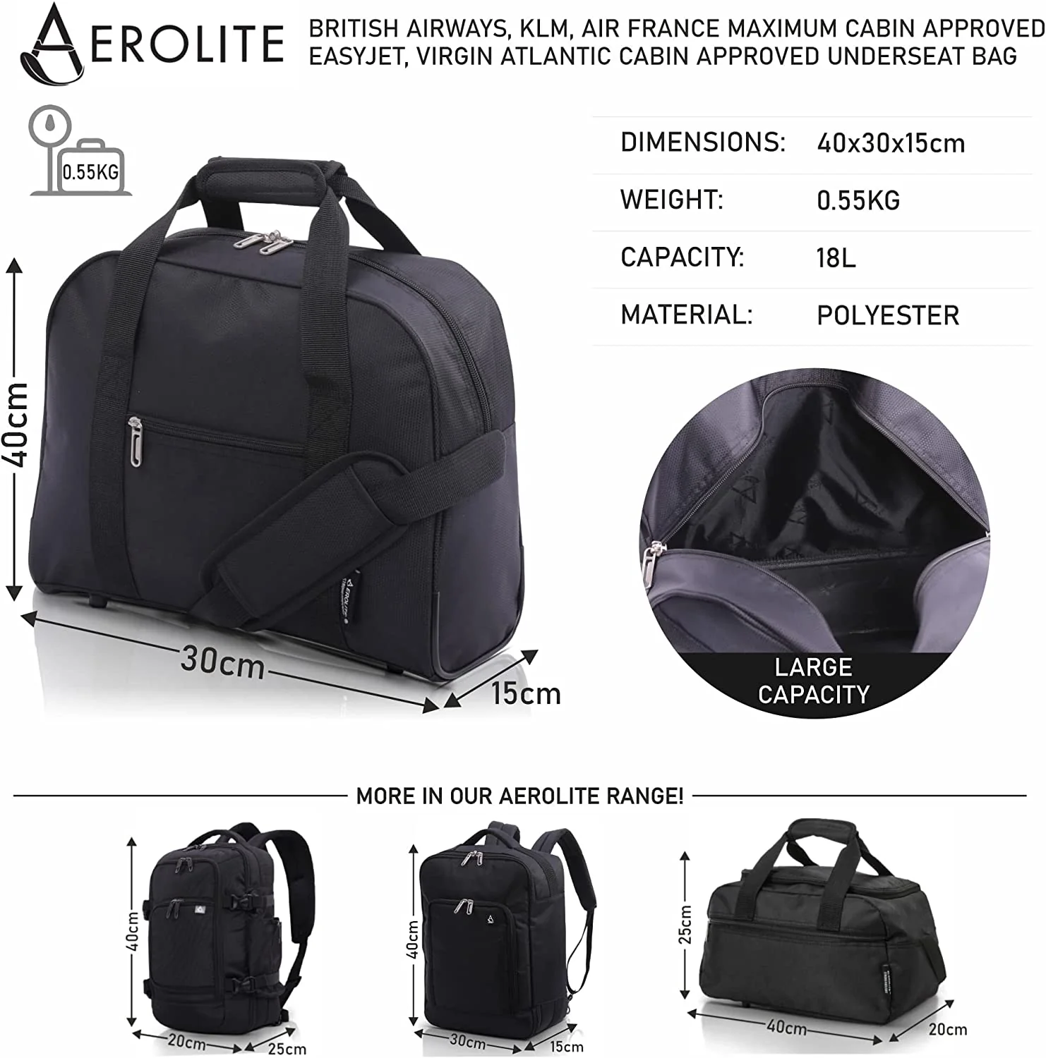 AEROLITE (40x30x15cm) British Airways Maximum New and Improved 2025, Also Approved For EasyJet/SAS/TAP & Many More, Cabin Luggage Under Seat Flight Bag, Black - Image 6