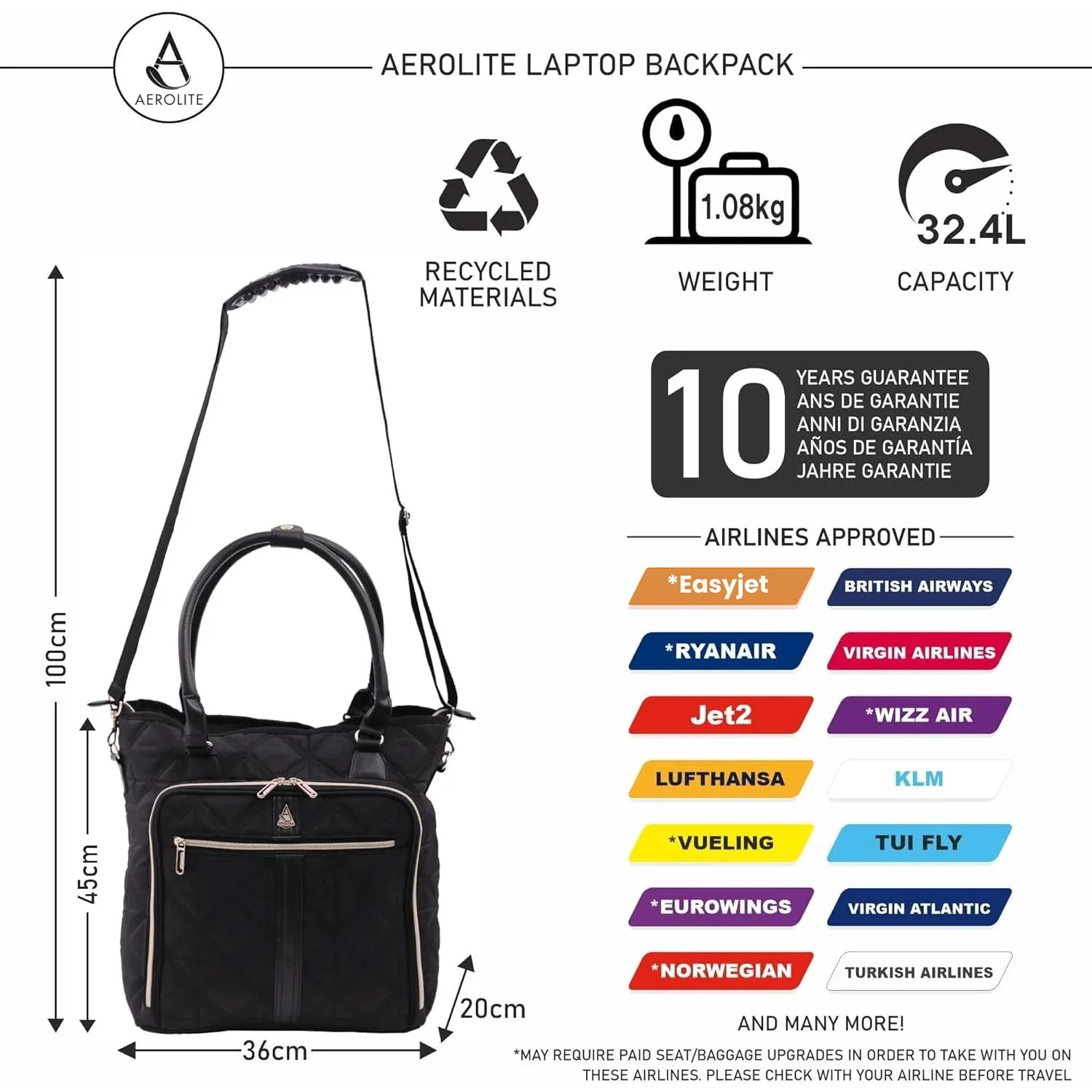 Aerolite 45x36x20 Easyjet Maximum Size Approved Laptop Bag - Fits up to 16.5", Overnight Hand Cabin Luggage Shoulder Bag Quilted with 10 Year Warranty (Black) - Image 3