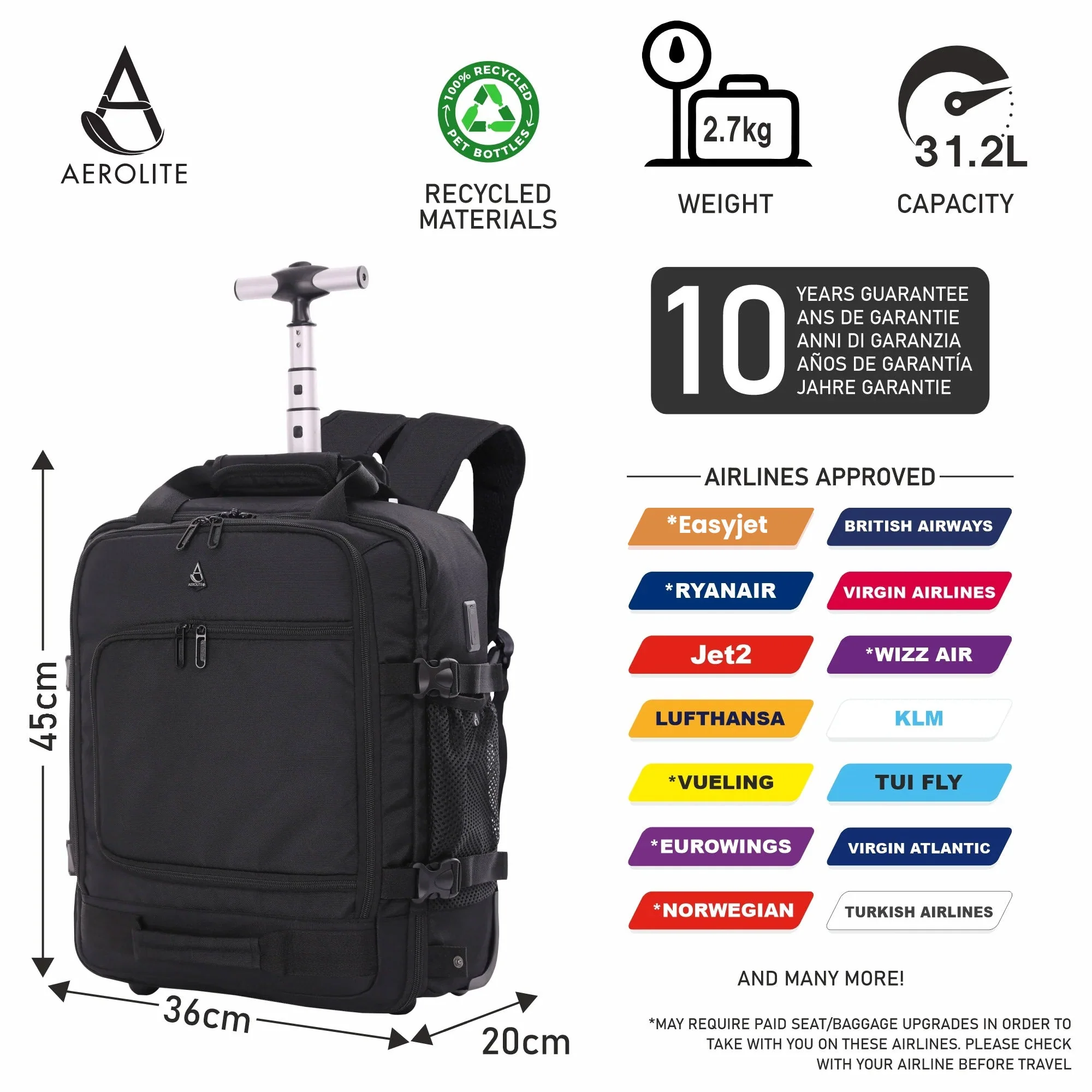 Aerolite 45x36x20cm Premium Easyjet Maximum Size Backpack Trolley Cabin Bag With 2 Wheels, 10 Years Warranty, Made From Recycled Eco-Friendly Material - Image 4