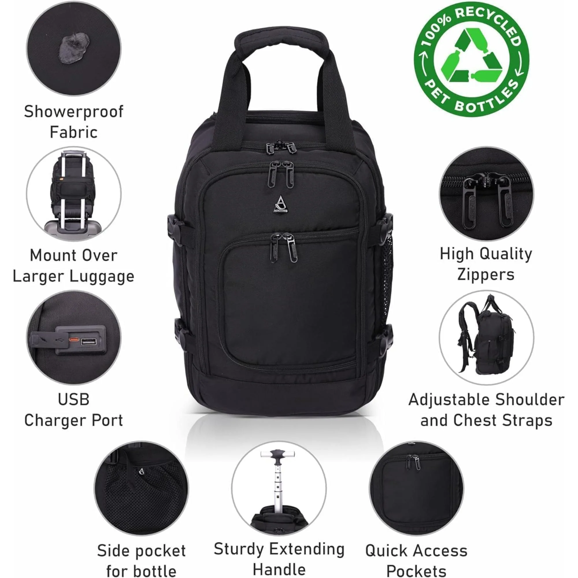 Aerolite 45x36x20cm Premium Easyjet Maximum Size Backpack Trolley Cabin Bag With 2 Wheels, 10 Years Warranty, Made From Recycled Eco-Friendly Material - Image 7