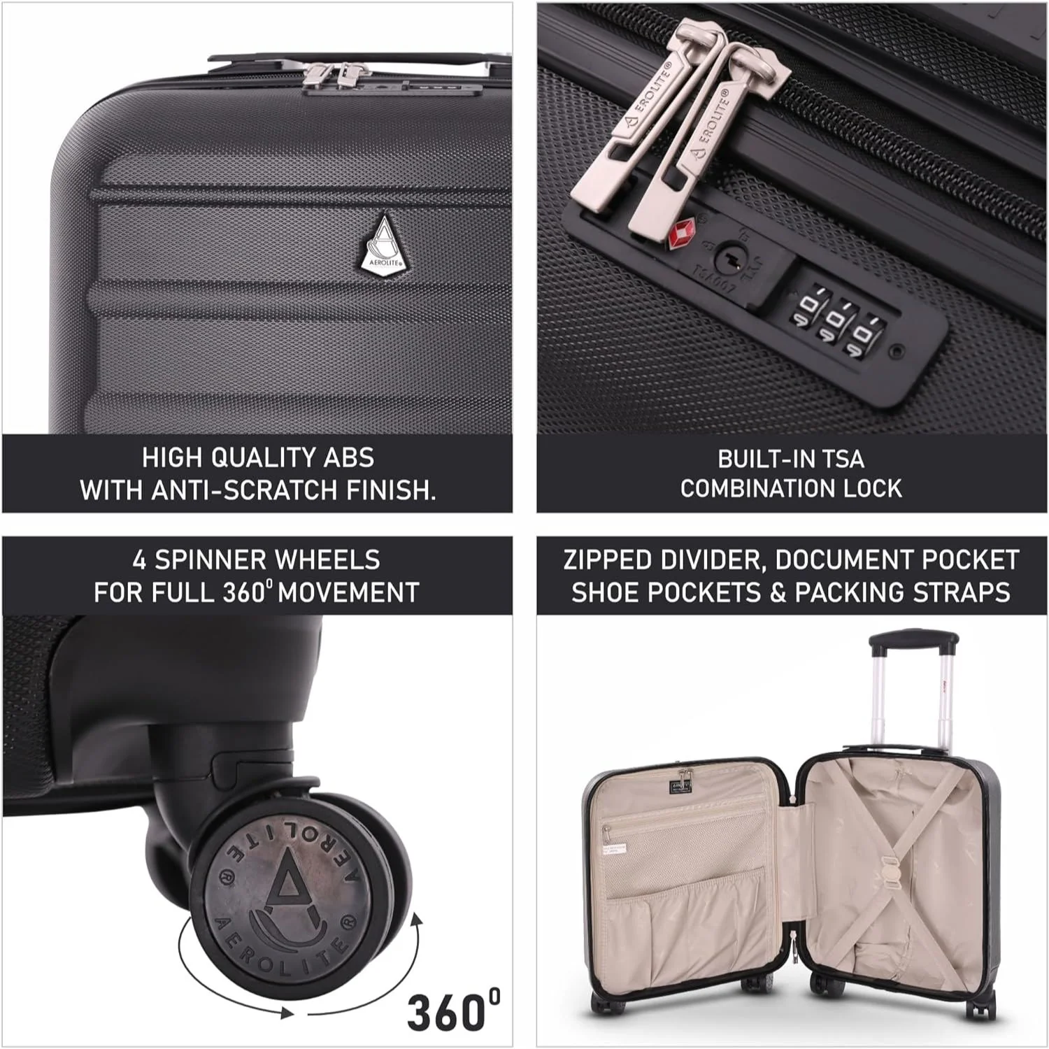 Aerolite 45x36x20cm Easyjet Maximum Size 8 Wheel ABS Hard Shell Carry On Hand Cabin Luggage Underseat Flight Travel Bag Spinner Suitcase 45x36x20 with TSA Lock & 5 Year Warranty - Image 3