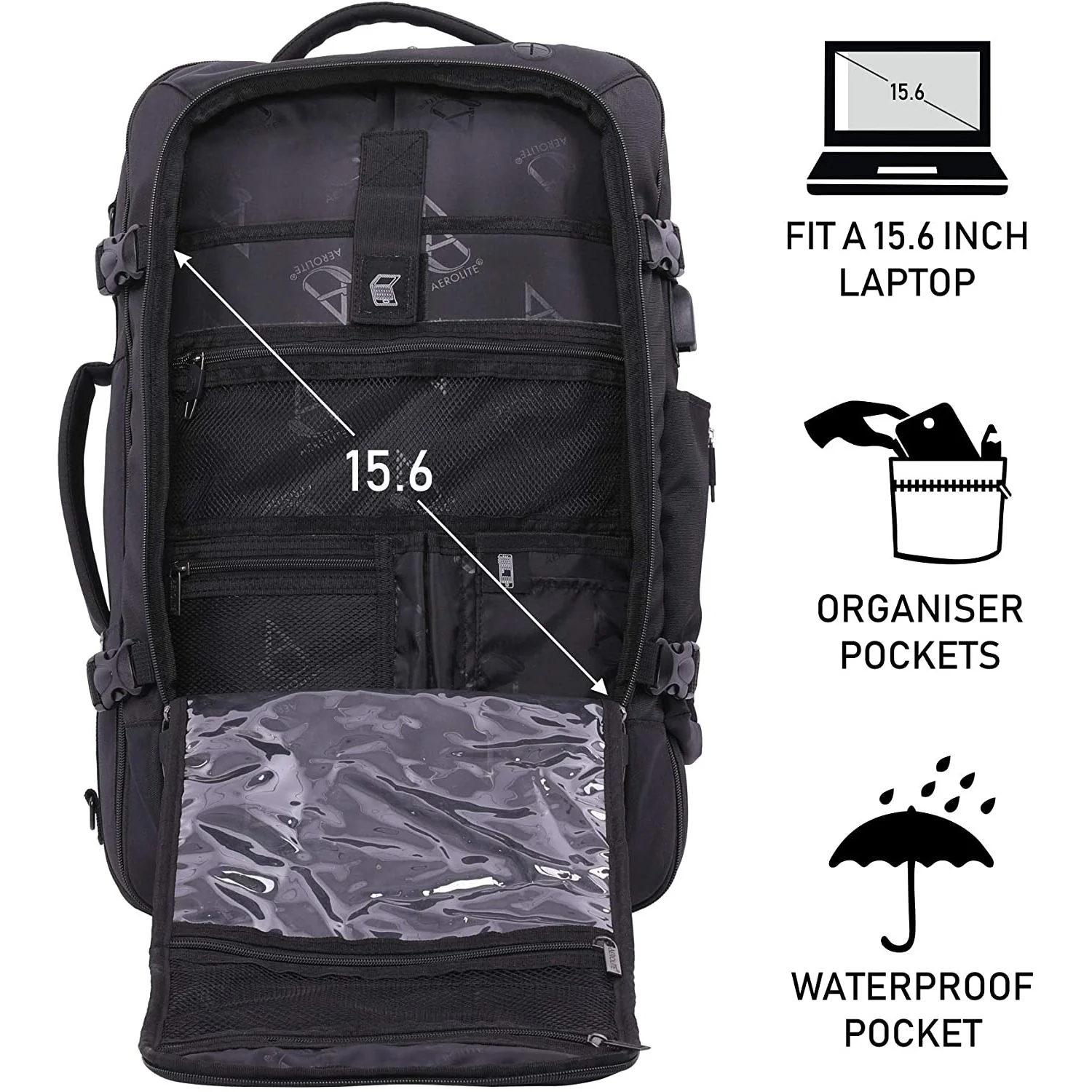 Aerolite 55x35x20cm 39L Hand Cabin Luggage Backpack with YKK Zippers, Fits 15” Laptop, Carry On Rucksack Travel Daypack Flight Bag, 55x35x20, Black - Image 4