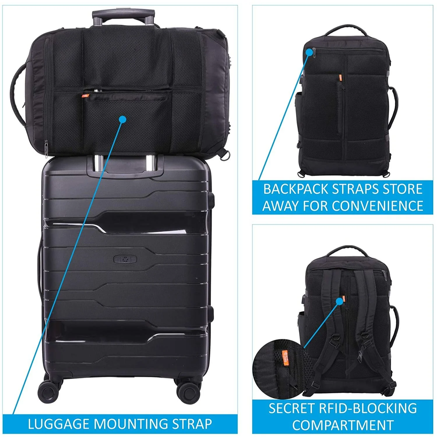 Aerolite 55x35x20cm 39L Hand Cabin Luggage Backpack with YKK Zippers, Fits 15” Laptop, Carry On Rucksack Travel Daypack Flight Bag, 55x35x20, Black - Image 5