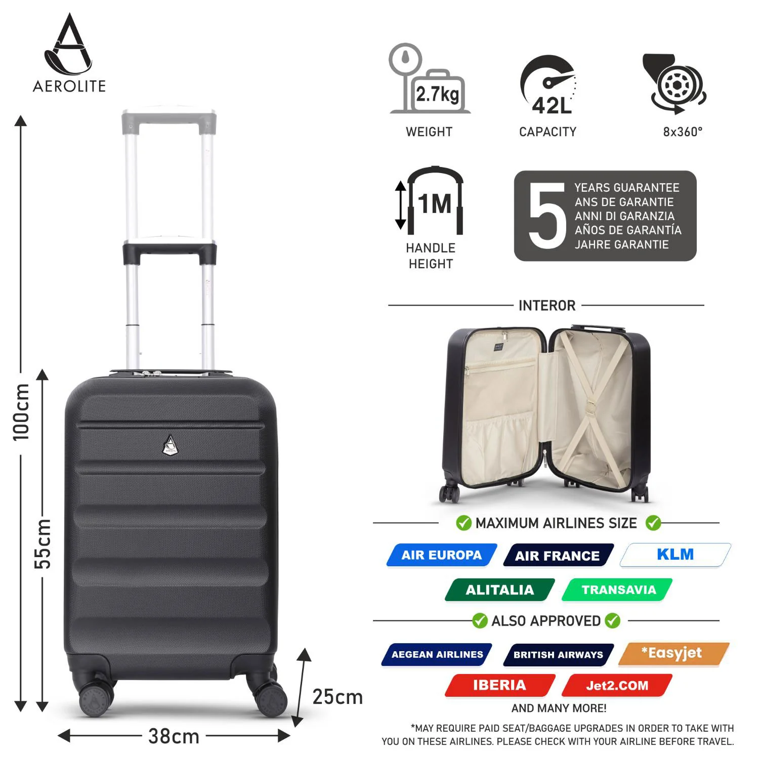 Aerolite (55x35x25cm) Hard Shell Carry On Hand Cabin Luggage Suitcase with 4 Wheels and Built-in TSA Combination Lock, Max Size for Air Europa, Air France, Alitalia, KLM & Transavia - Image 11