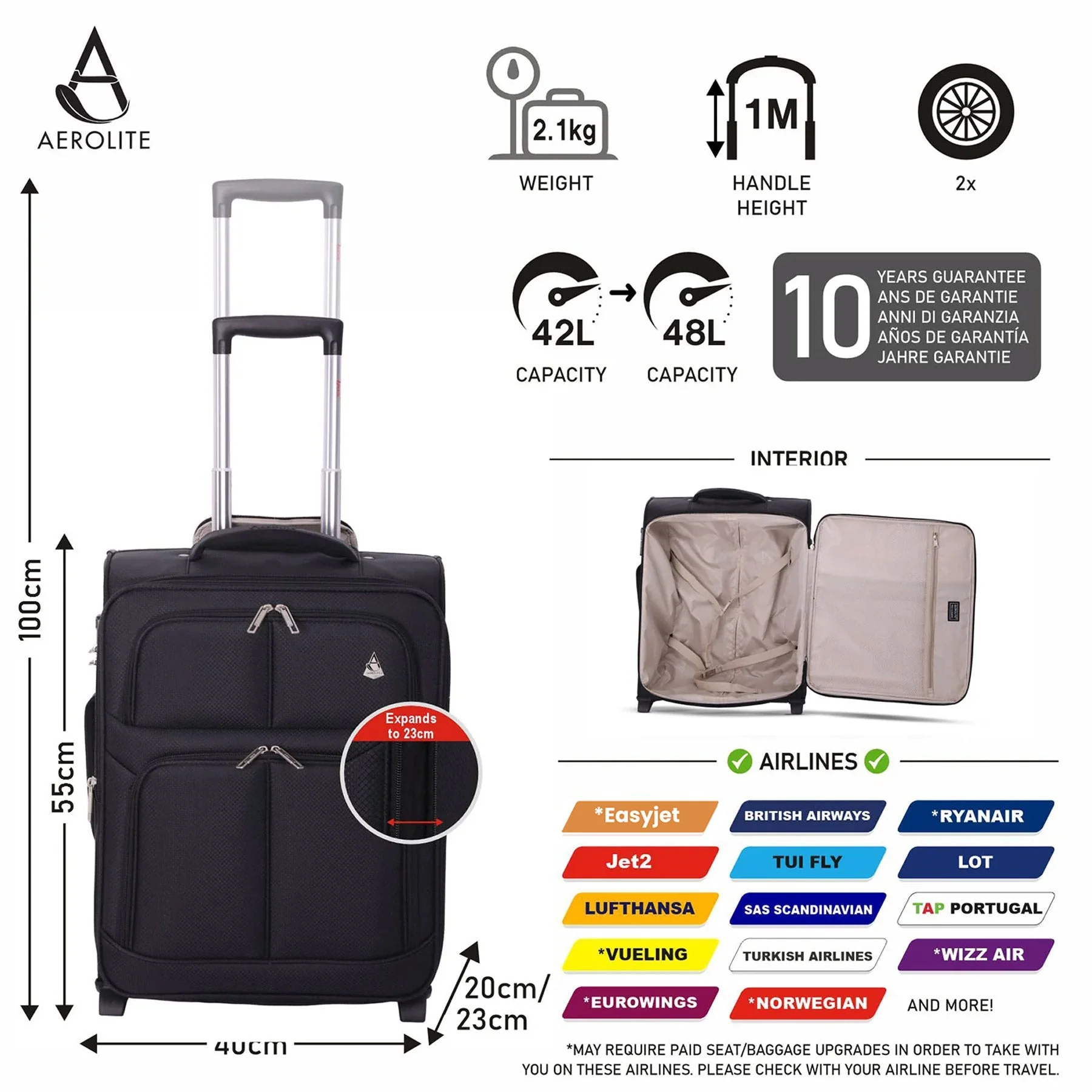 Aerolite 55x40x20 + 40x20x25 Ryanair Priority Maximum Allowance 2 Piece Carry On Hand Cabin Luggage Set Bundle Black (55x40x20 Suitcase + 40x20x25 Holdall) - Image 3