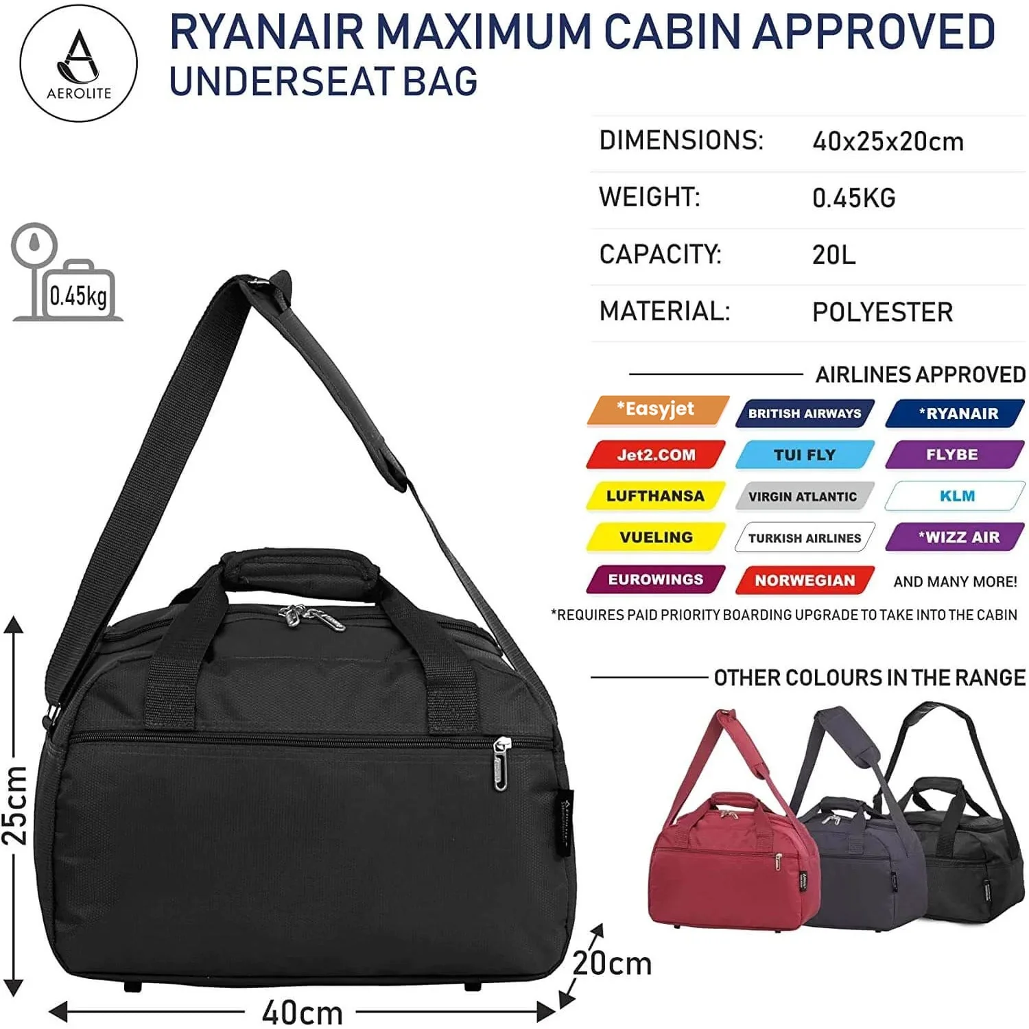 Aerolite 55x40x20 + 40x20x25 Ryanair Priority Maximum Allowance 2 Piece Carry On Hand Cabin Luggage Set Bundle Black (55x40x20 Suitcase + 40x20x25 Holdall) - Image 4