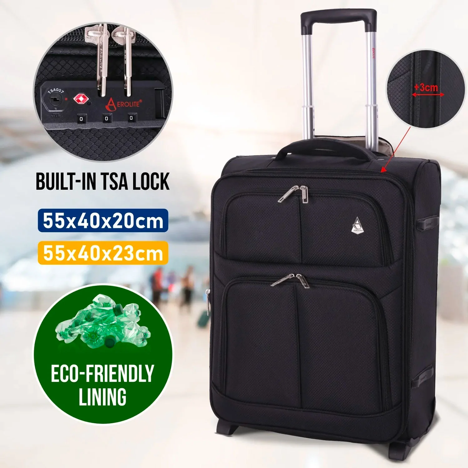 Aerolite 55x40x20 + 40x20x25 Ryanair Priority Maximum Allowance 2 Piece Carry On Hand Cabin Luggage Set Bundle Black (55x40x20 Suitcase + 40x20x25 Holdall) - Image 6