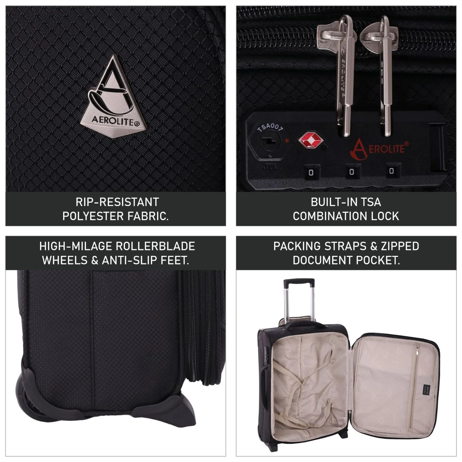 Aerolite 55x40x20 + 40x20x25 Ryanair Priority Maximum Allowance 2 Piece Carry On Hand Cabin Luggage Set Bundle Black (55x40x20 Suitcase + 40x20x25 Holdall) - Image 8