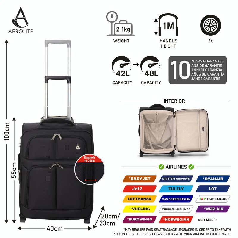 Aerolite Expandable (55x40x20cm) to (55x40x23cm) Lightweight Cabin Hand Luggage 2 Wheels, Maximum Possible Allowance For Ryanair (Priority), Lufthansa - Image 3