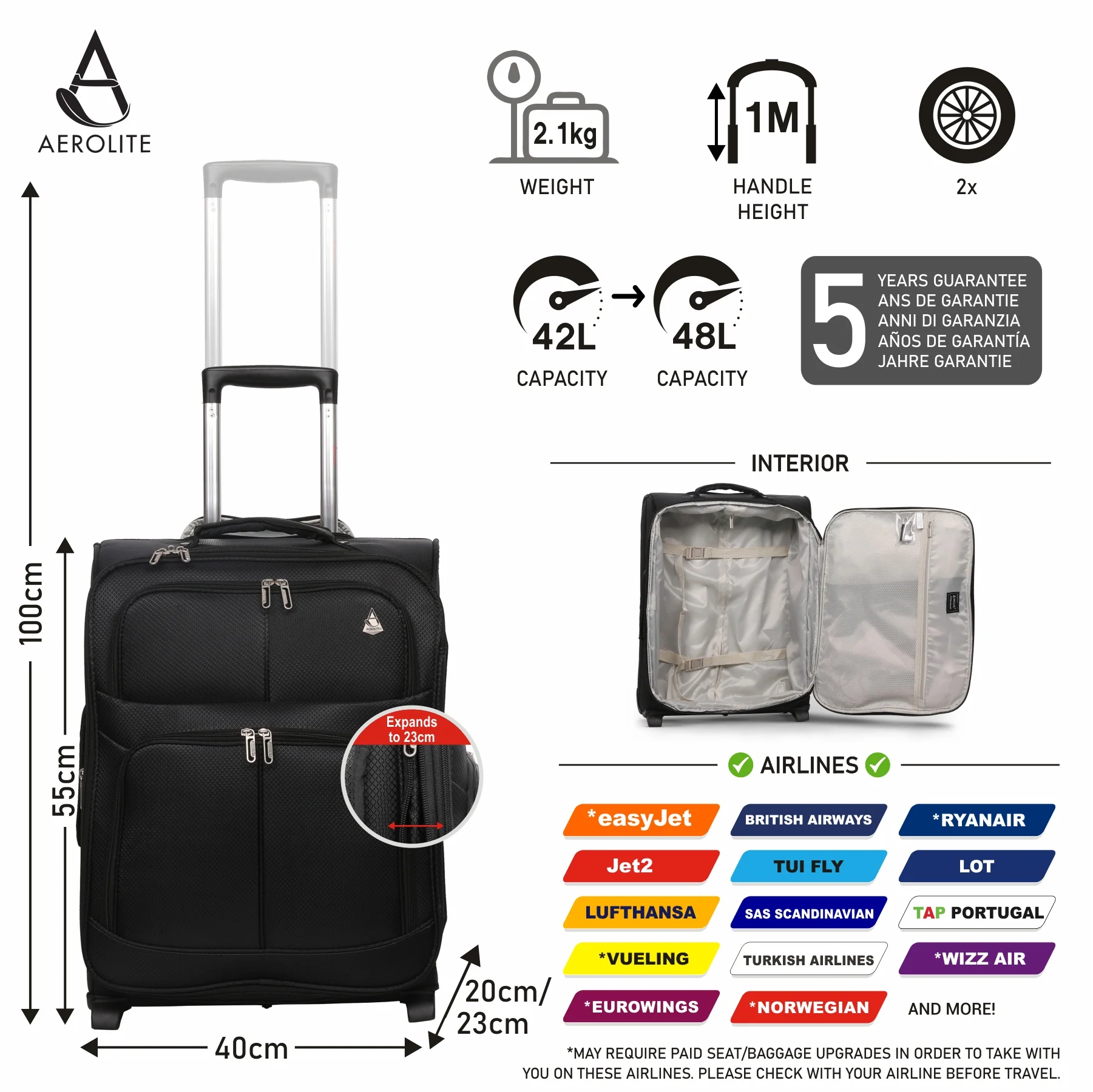 Aerolite (55x40x20cm) Lightweight Cabin Hand Luggage with 50kg Luggage Scales | 2 Wheels - Image 2