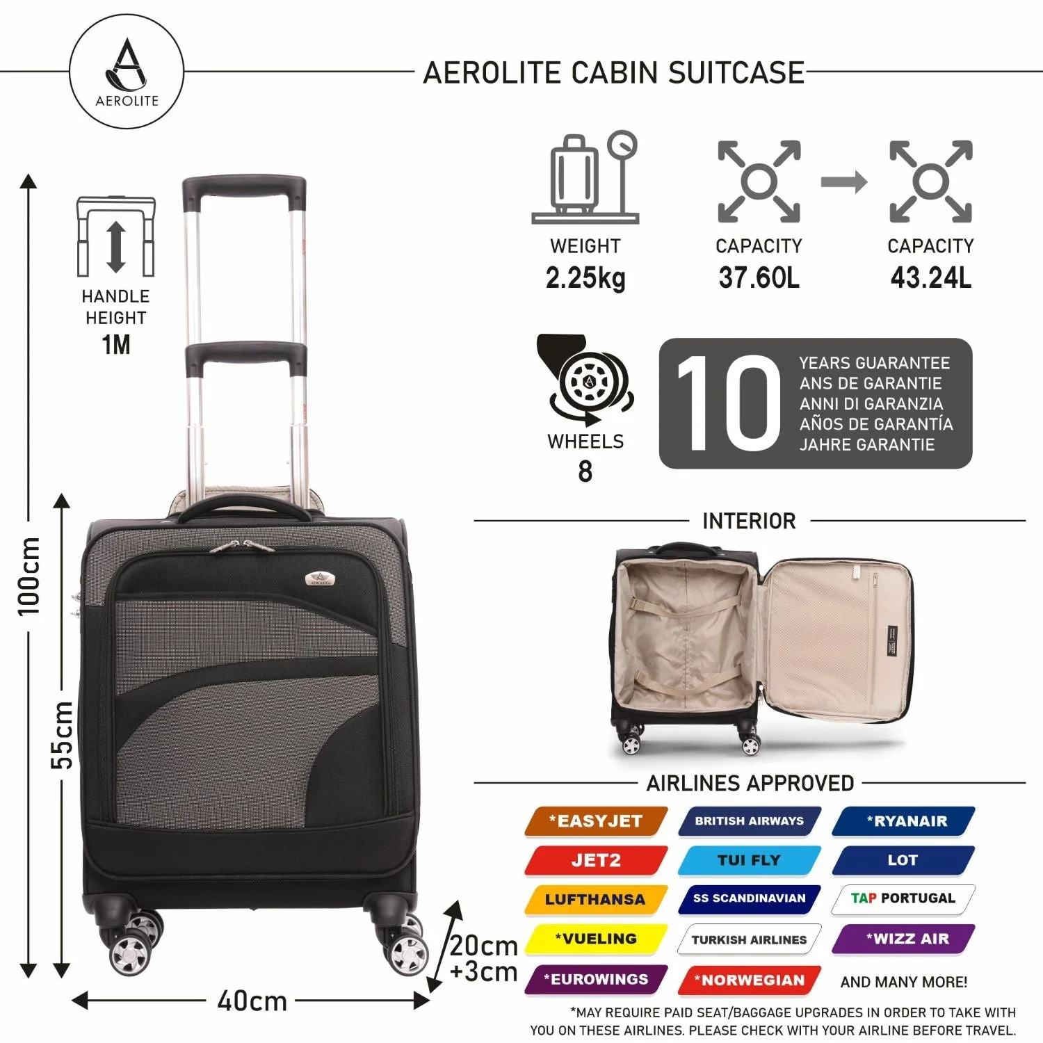 Aerolite Expandable 55x40x20cm to 55x40x23cm 4-Wheel Cabin Suitcase – MAX Size for Ryanair Priority & Wizz Air, Lufthansa, Ultra Lightweight Soft Shell Carry On with TSA Lock - Image 4