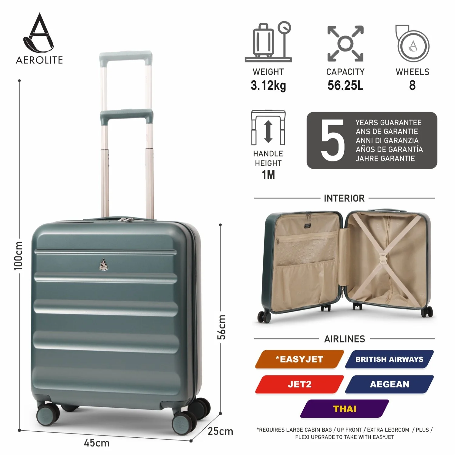 Aerolite 56x45x25cm Large Cabin Bag – Easyjet Large Cabin/Plus/Flexi, British Airways & Jet2 Maximum Cabin Luggage Size, Lightweight Hard Shell Suitcase with 8 Spinner Wheels, TSA Lock, 56L Capacity, 5-Year Warranty, Forest Green - Image 2
