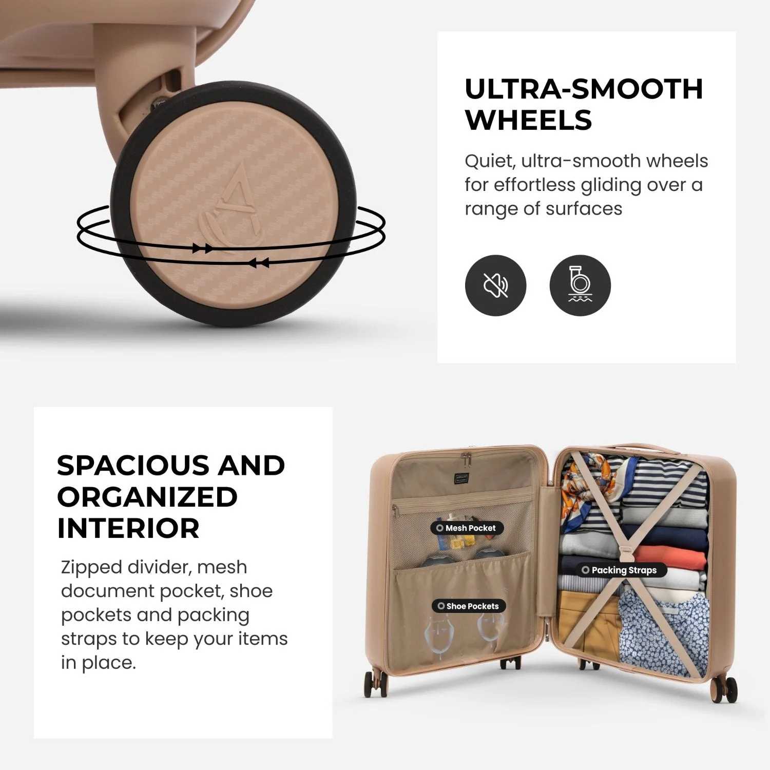 Aerolite 56x45x25cm Large Cabin Bag – Easyjet Large Cabin/Plus/Flexi, British Airways & Jet2 Maximum Cabin Luggage Size, Lightweight Hard Shell Suitcase with 8 Spinner Wheels, TSA Lock, 56L Capacity, 5-Year Warranty, Beige (Set of 2) - Image 4