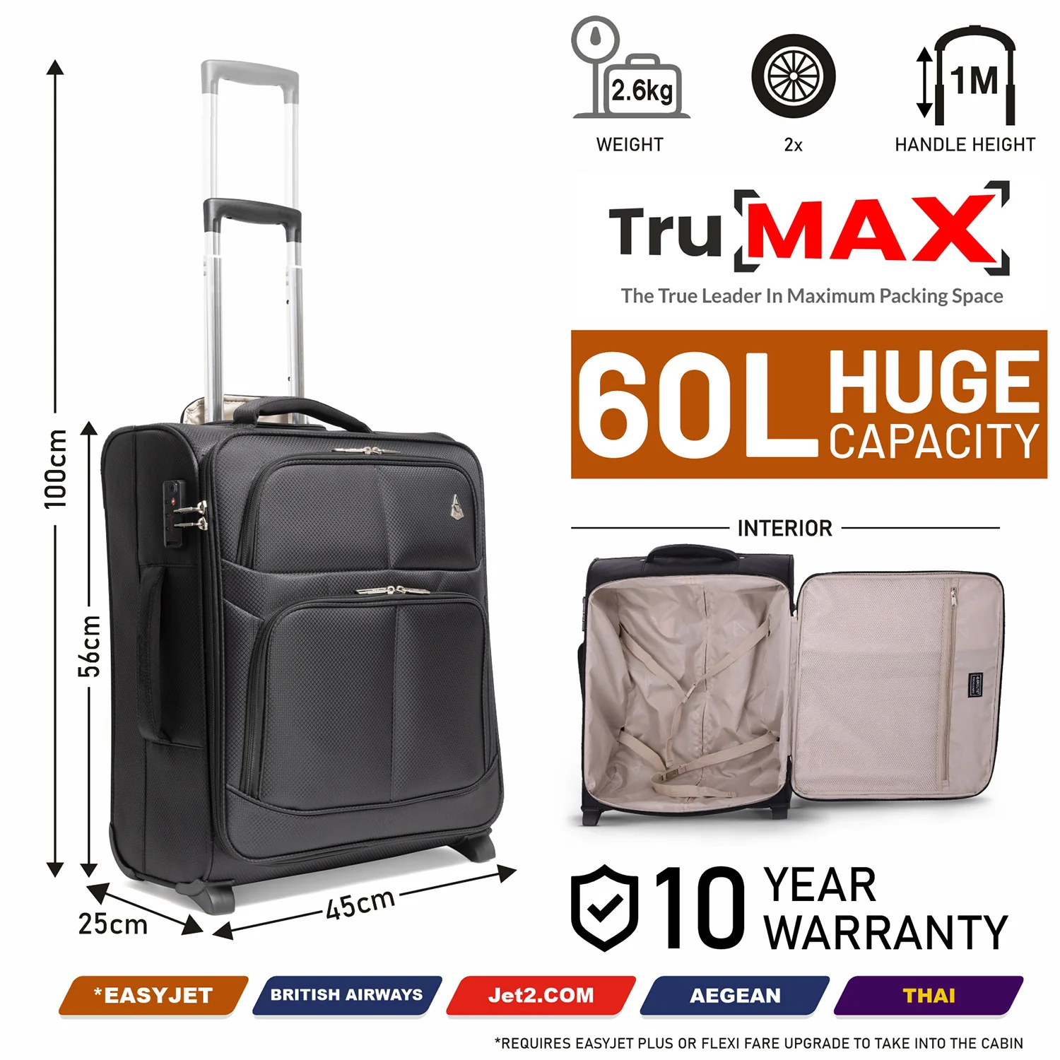 Aerolite 56x45x25cm British Airways Jet2 & Easyjet Upgrade Maximum Allowance Large Lightweight 2 Wheel Carry On Hand Cabin Luggage Bag Suitcase 56x45x25 with TSA Approved Lock Black - Image 22