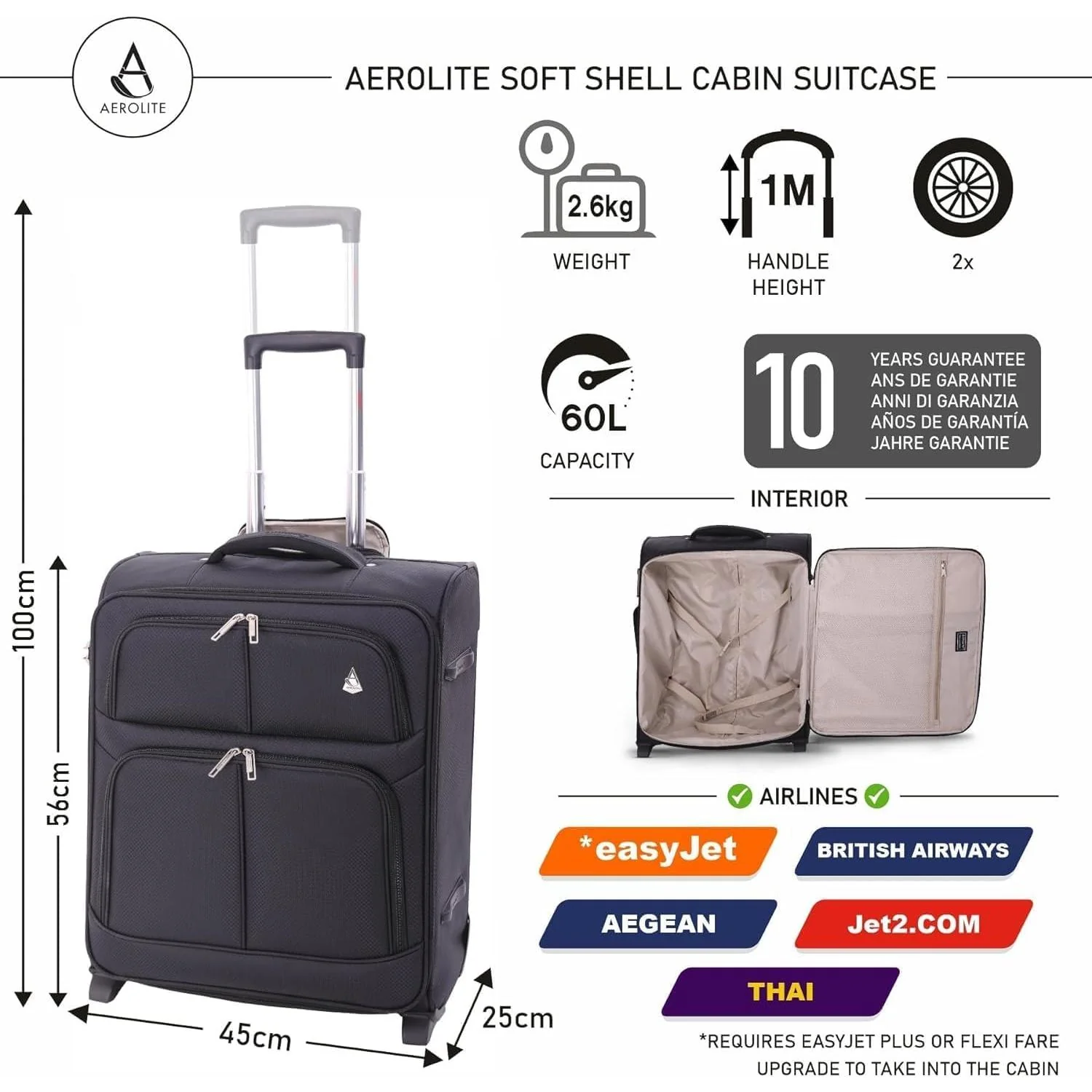 Aerolite British Airways Maximum Size Bundle, 56x45x25cm Large Cabin Softshell Suitcase & 40x30x15cm Under Seat Holdall - Image 3