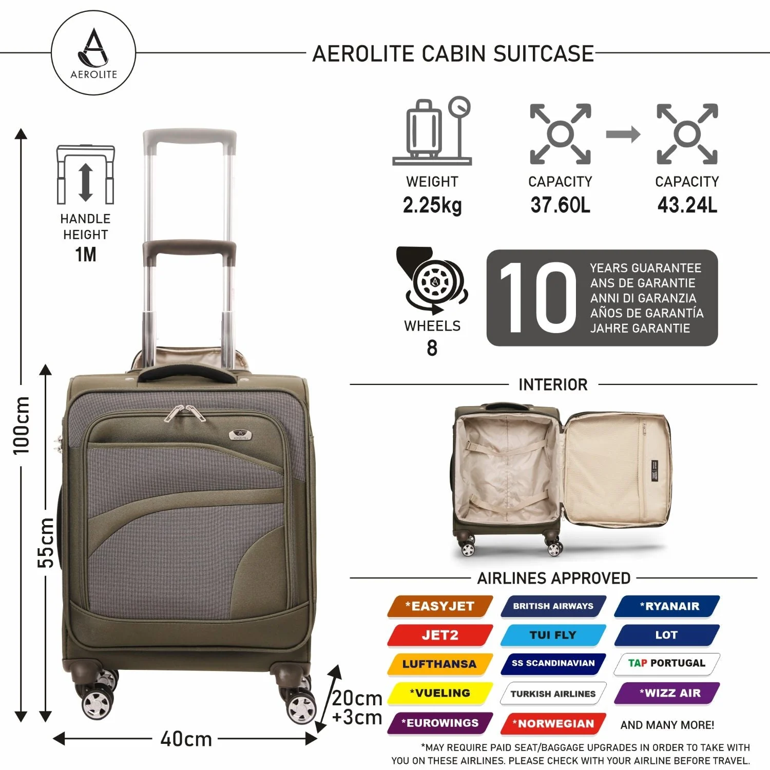 Aerolite Expandable 55x40x20cm to 55x40x23cm 4-Wheel Cabin Suitcase – MAX Size for Ryanair Priority & Wizz Air, Lufthansa, Ultra Lightweight Soft Shell Carry On with TSA Lock - Midnight Fern - Image 2