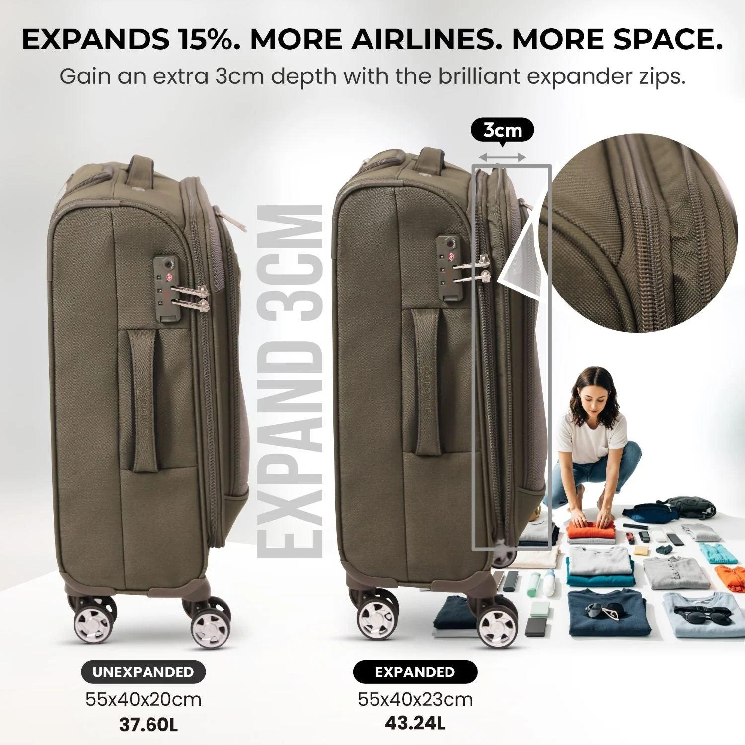 Aerolite Expandable 55x40x20cm to 55x40x23cm 4-Wheel Cabin Suitcase – MAX Size for Ryanair Priority & Wizz Air, Lufthansa, Ultra Lightweight Soft Shell Carry On with TSA Lock - Midnight Fern - Image 3