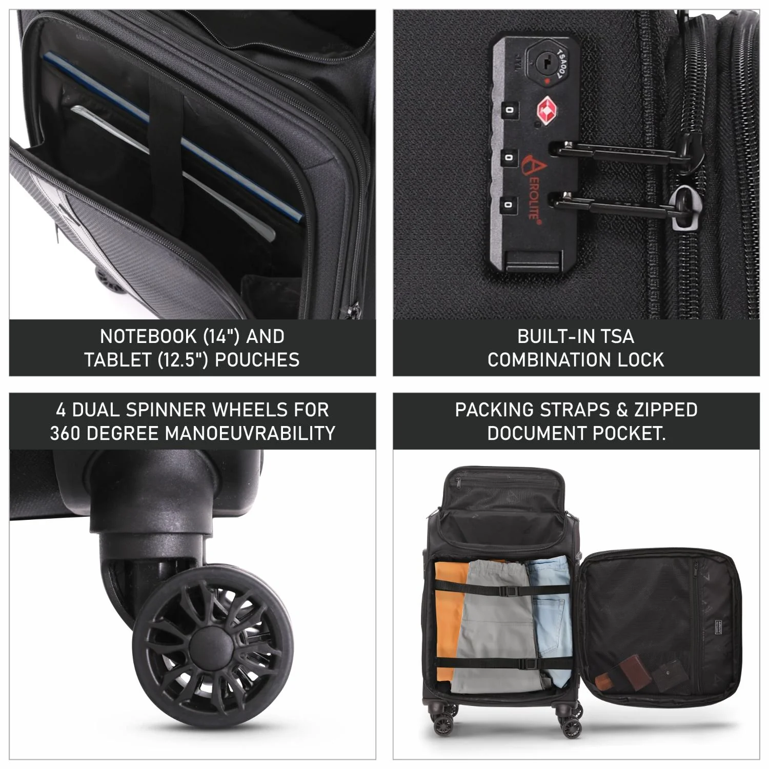 Aerolite Expandable Premium Cabin Suitcase 55x40x23cm to 55x40x26cm – Max Size for Wizz Air Priority, Lufthansa, Eurowings, Norwegian – Lightweight 4-Wheel Carry On Hand Luggage, 50L, Black - Image 3